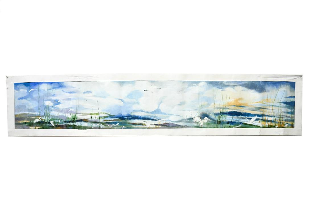 DONNA MARXER (1934-2019) O/C BIRDS OF A FEATHER: Signed lower right. Panoramic style landscape. Dimensions: H 15" x W 72" Condition: Unframed; rolled. Some minor soiling to margins, light handling wear to canvas edges. Immortalized by the New York T