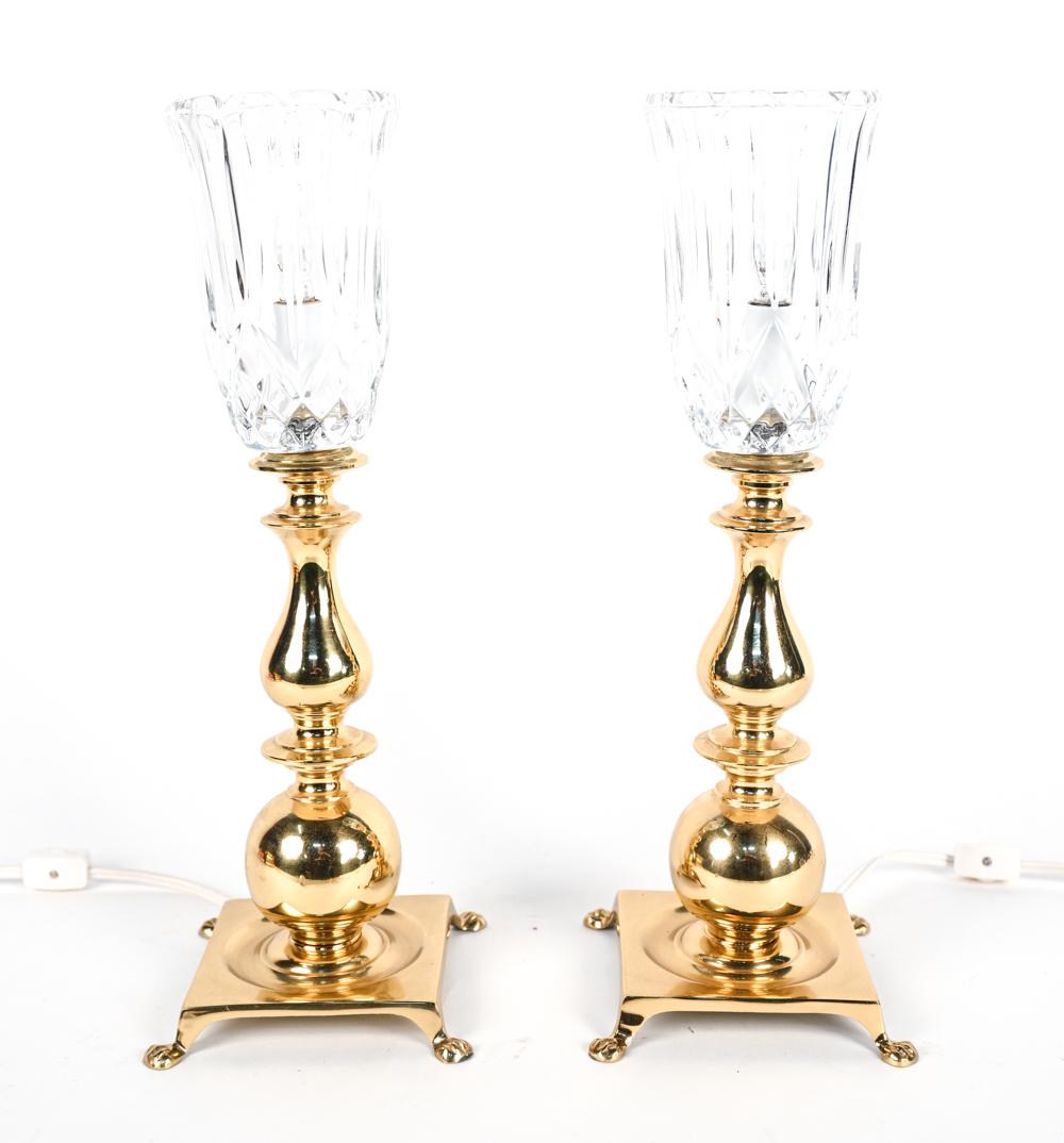 PAIR OF BRASS & HURRICANE SHADE TABLE LAMPS (1 of 9)