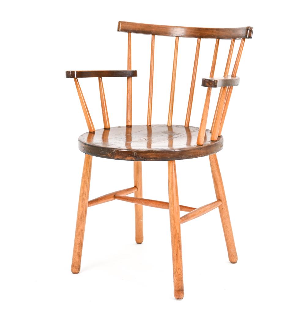 DANISH BEECHWOOD WINDSOR-STYLE ARMCHAIR: Spindle-back armchair. Unmarked. Dimensions: H 31" x W 22.5" x D 21" x SH 18" Condition: Finish wear consistent with age and use. Some naturally forming stress cracks. S154
