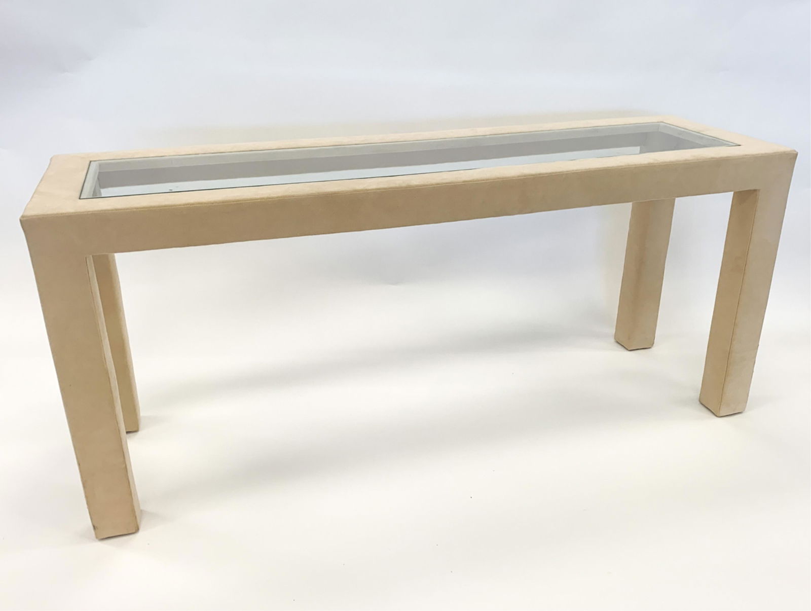 DESIGNER SUEDE & GLASS CONSOLE TABLE (1 of 11)