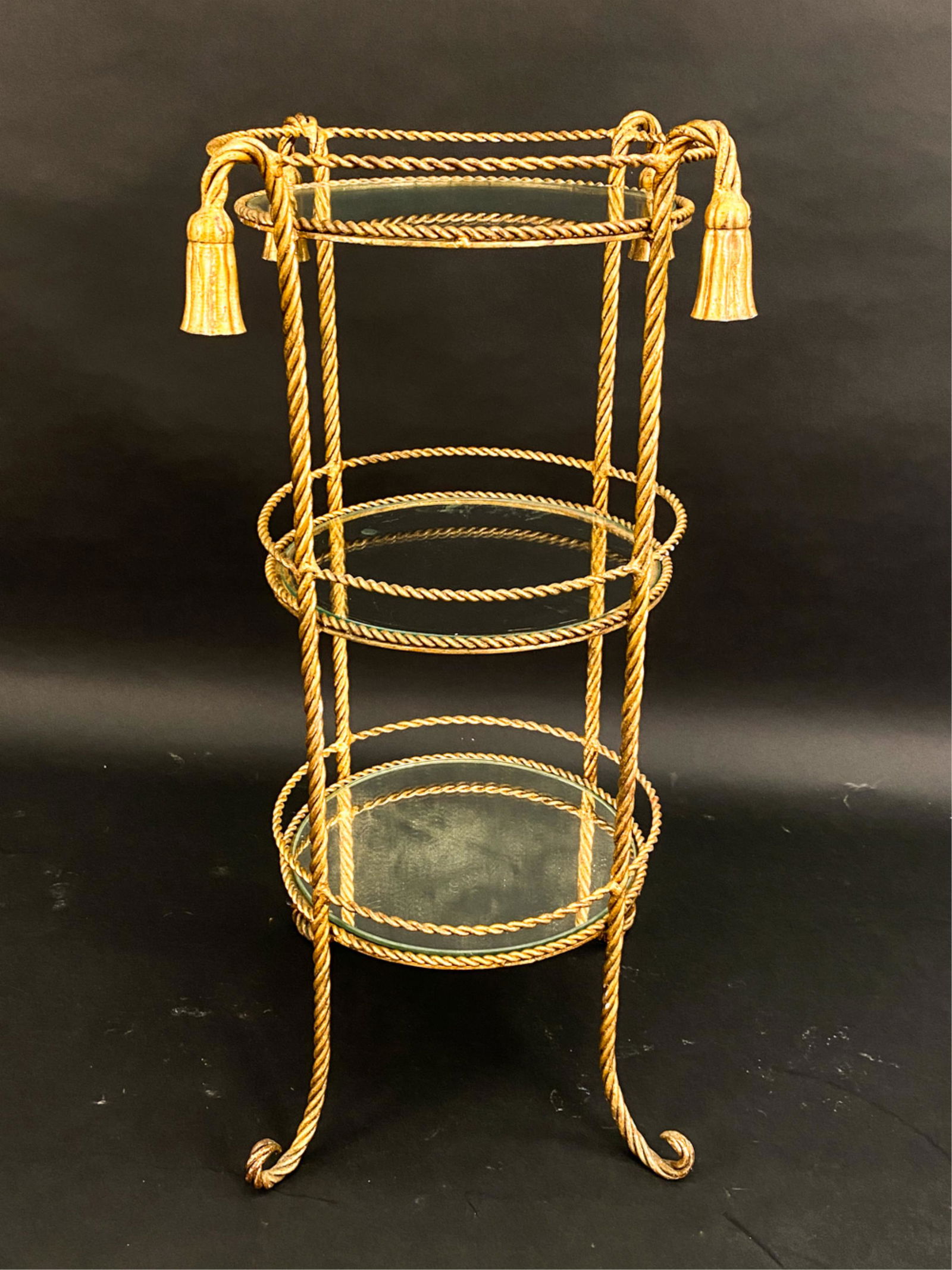 ITALIAN GILT-METAL ROPE & TASSEL 3-TIER TABLE (1 of 6)