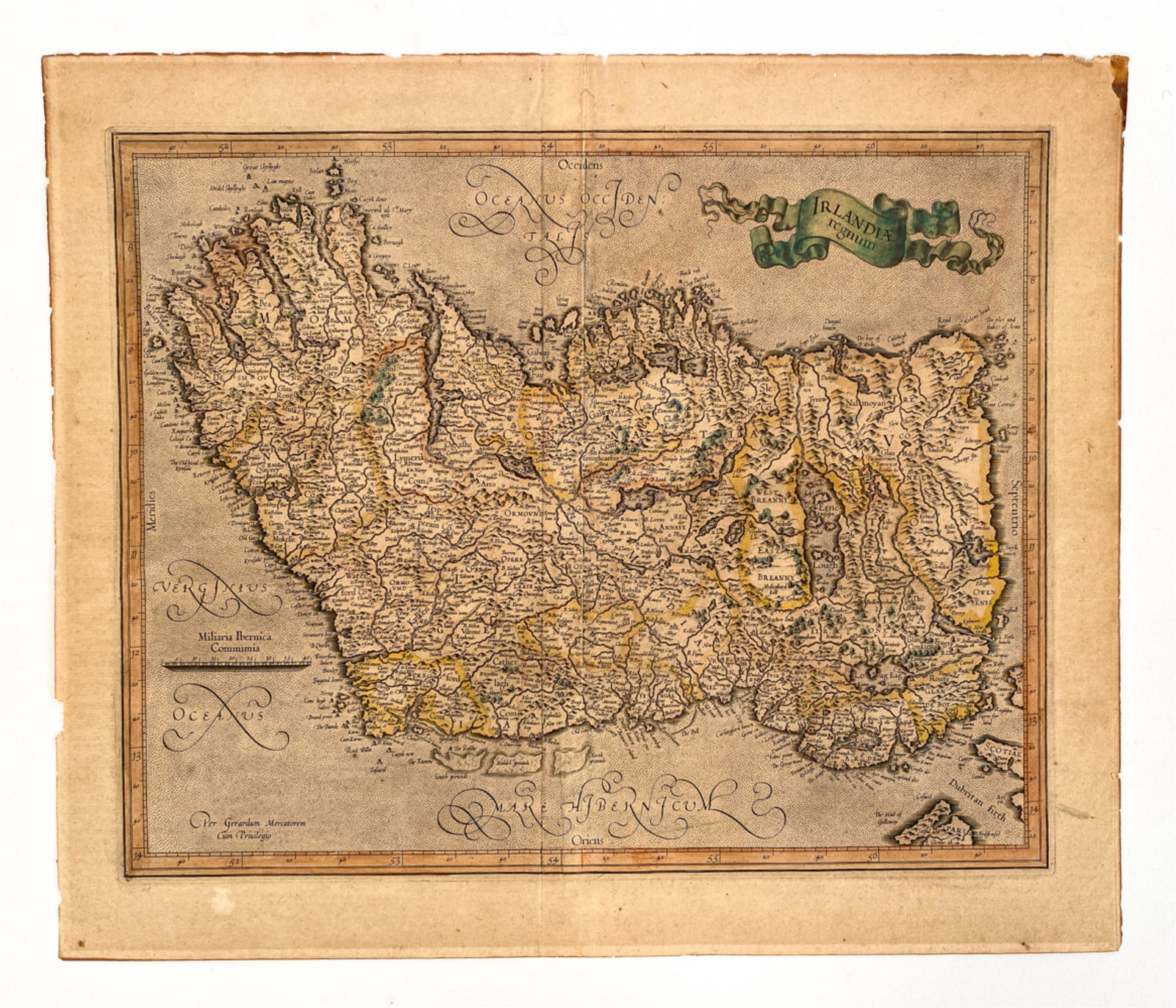 BLAEU 1659 MAP OF IRELAND: French text verso. Dimensions: H 16" x W 18.75" Condition: With center fold as published, left and right margins trimmed. Faint coloring. Age toning.