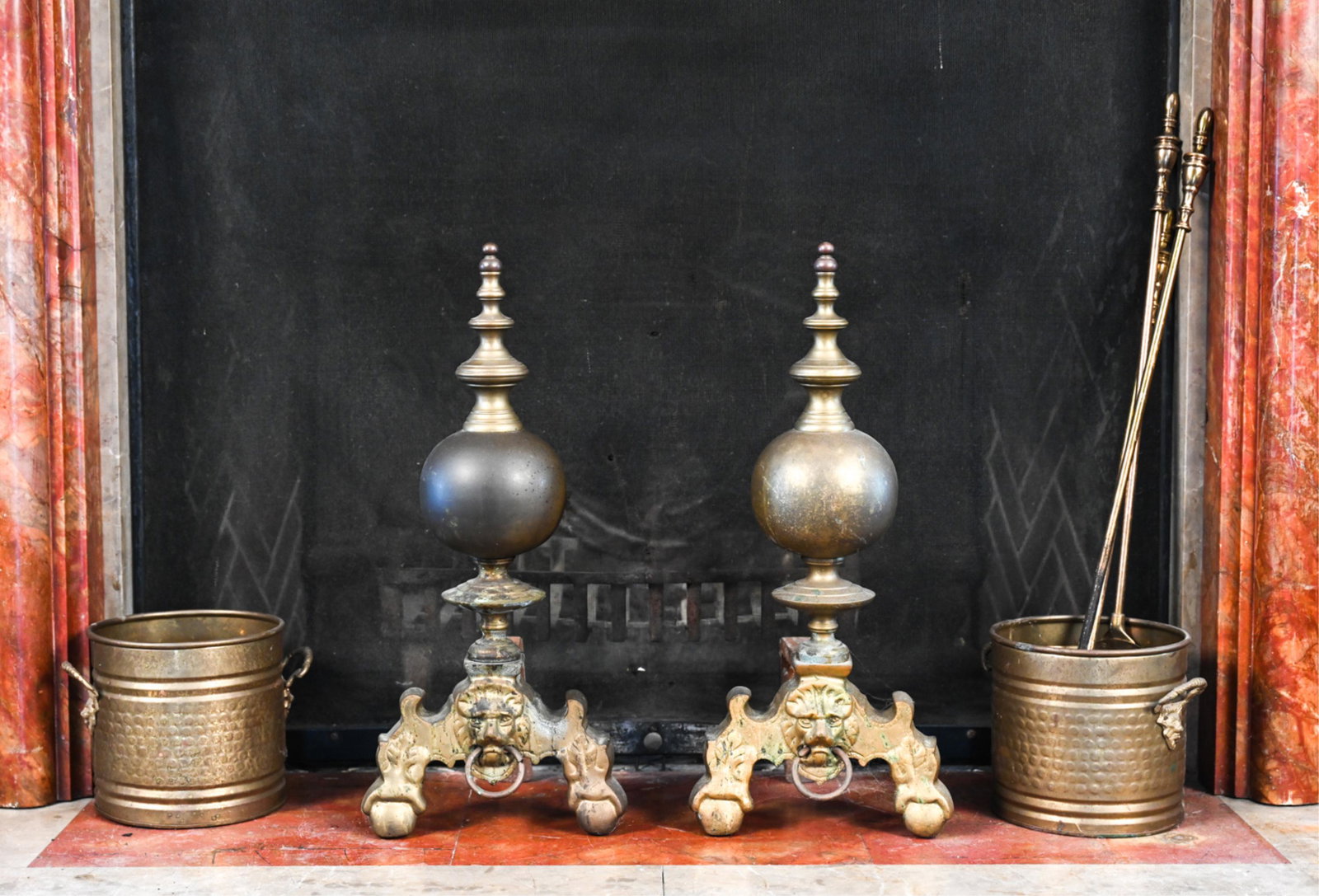 BRASS ANDIRONS AND FIREPLACE TOOL GROUPING (1 of 15)