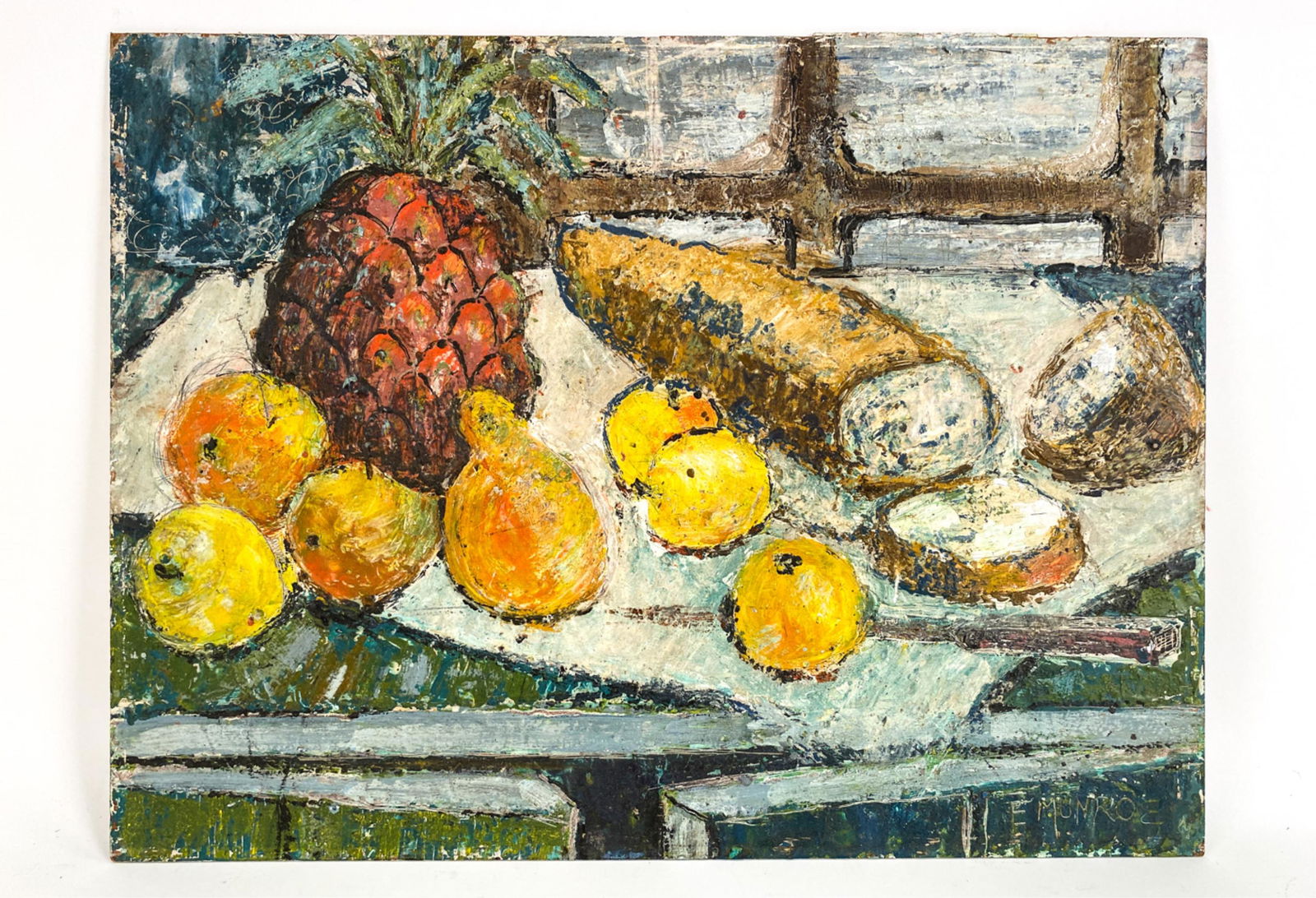 ENID MUNROE (B. 1923) OIL ON MASONITE STILL LIFE: Modernist still life on tabletop. Scratch signature lower right. Dimensions: H 18" x W 24" Condition: Some scratching to the surface. Some rubs on the edges.
