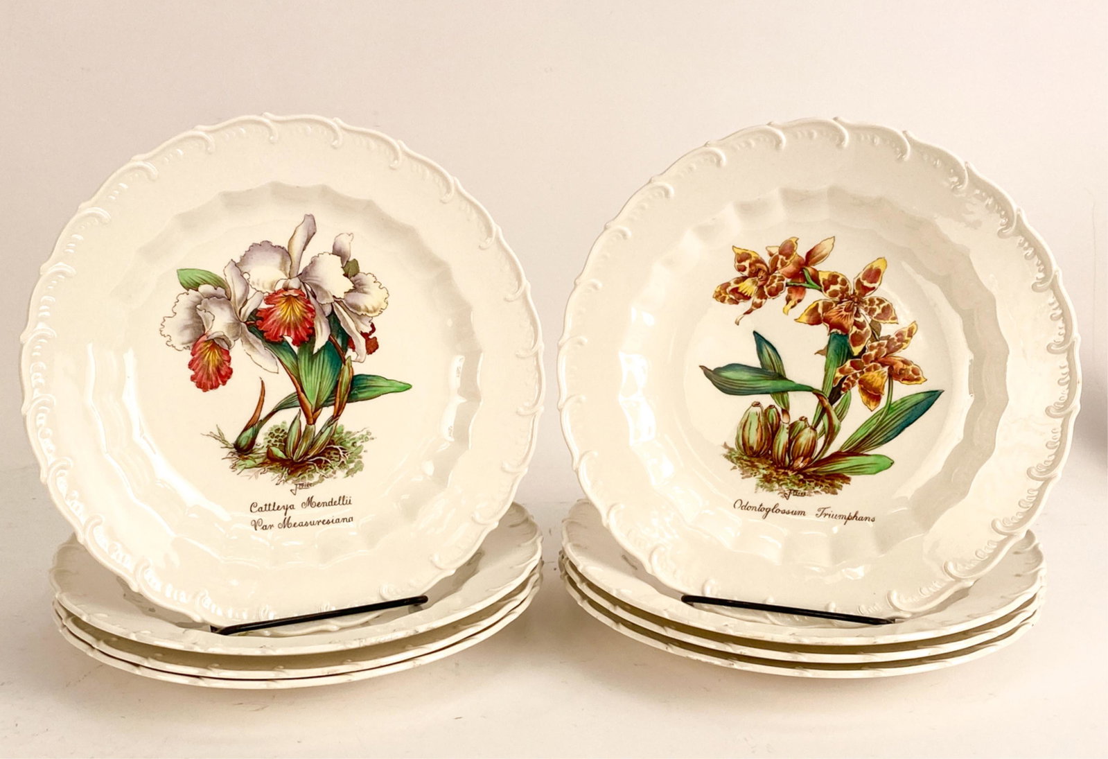 (8) SPODE ORCHID PORCELAIN PLATES: Transferware, all signed Price. Dimensions: Dia. 9" Condition: No issues to note.