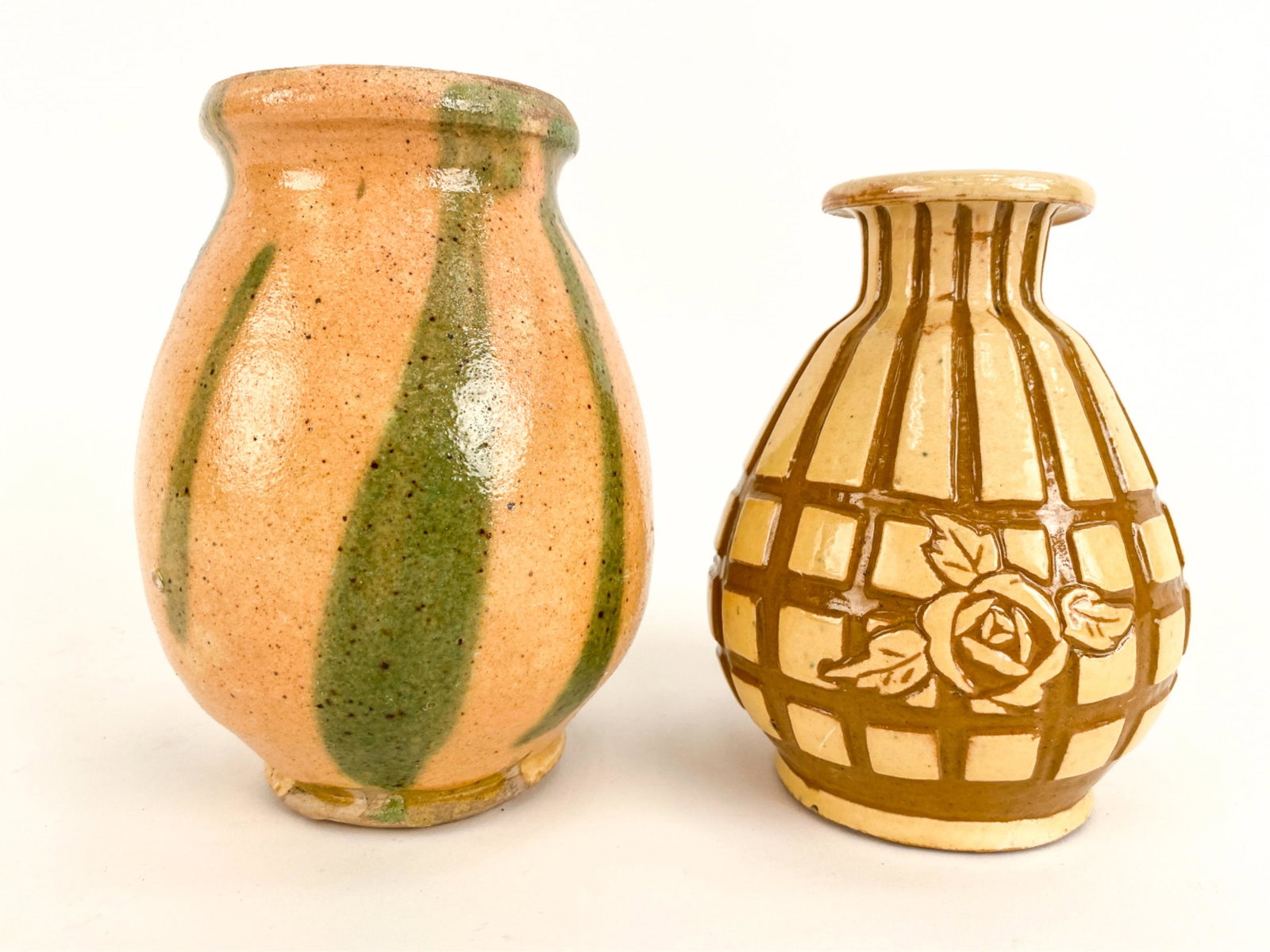 (2) 19TH C FRENCH ANTIQUE GLAZED POTTERY BUD VASES (1 of 16)