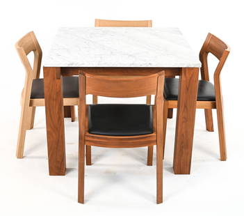 (4) MATTHEW HILTON CHAIRS W/ MARBLE-TOP TABLE: Contemporary marble-top breakfast table with (4) "Profile" side chairs, designed by Matthew Hilton for Case Furniture, labeled underneath. Dimensions: (Table) H 29.5" x W 36" x D 36" (Chair) H 31" x W