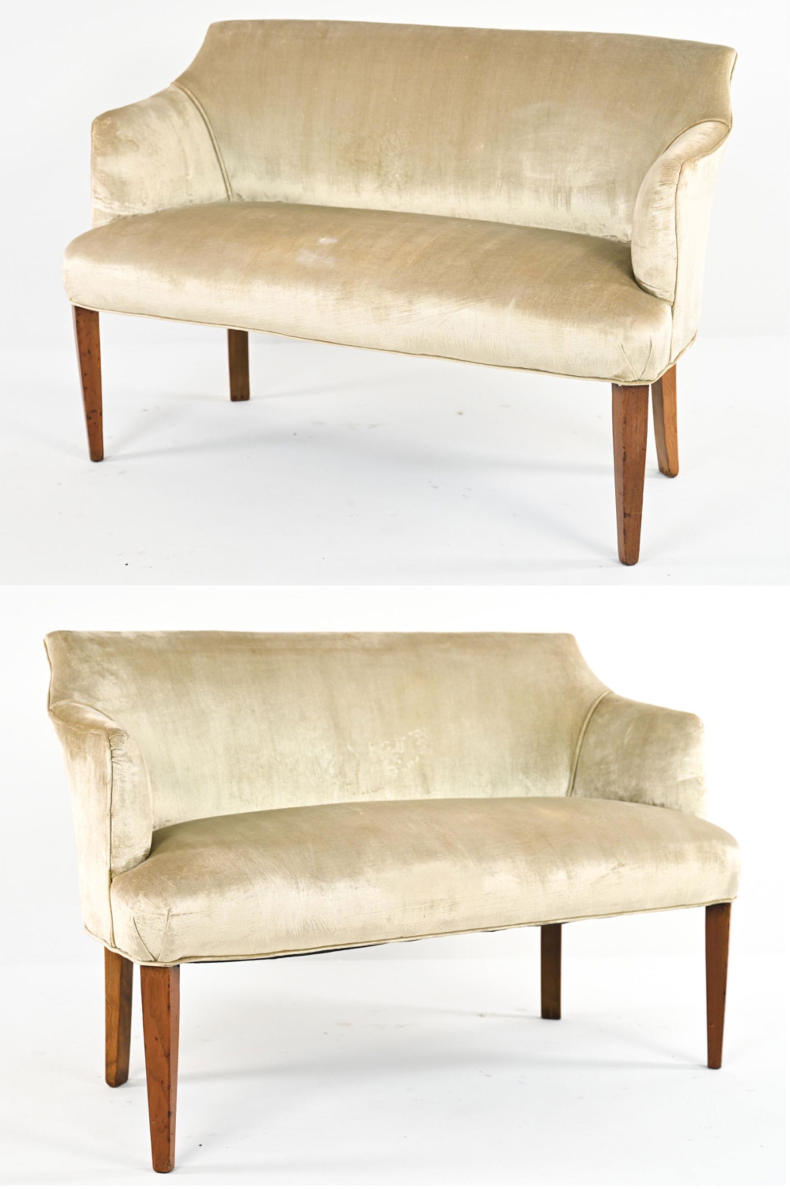 PAIR OF MID-CENTURY SETTEES IN NACRE VELVET: Pair of Modern settees in later upholstery of lustrous champagne velvet. Circa Early- to Mid-20th Century. Dimensions: H 33" x W 50" x D 26.5" x SH 19" Condition: Refinishing to wood, a few spots of s