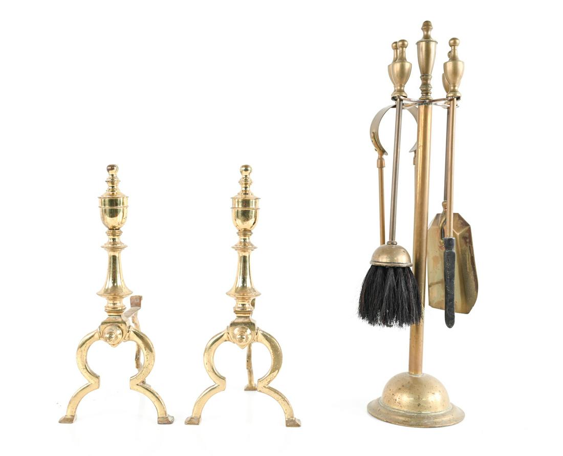 DIMINUTIVE ANTIQUE BRASS FIRE TOOLS & ANDIRONS (1 of 13)