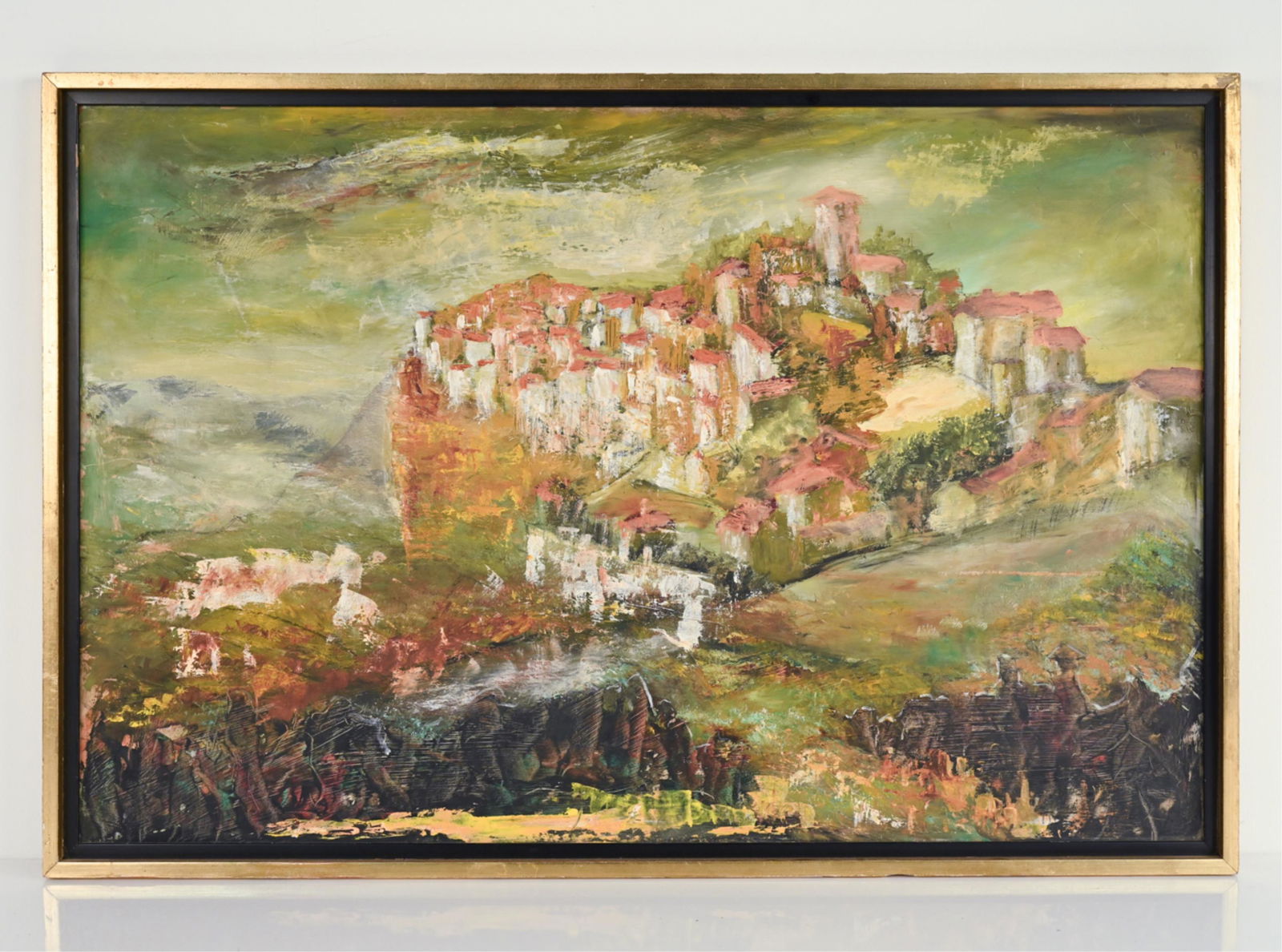 MARJORIE P. WALKER, NY (1907-2005) O/B ABSTRACT: Modernist view of Toledo. Oil on masonite. Unsigned. Dimensions: (Frame) H 25.5" x W 37.5", (Painting) H 24" x W 36" Condition: Unvarnished. Losses to frame.