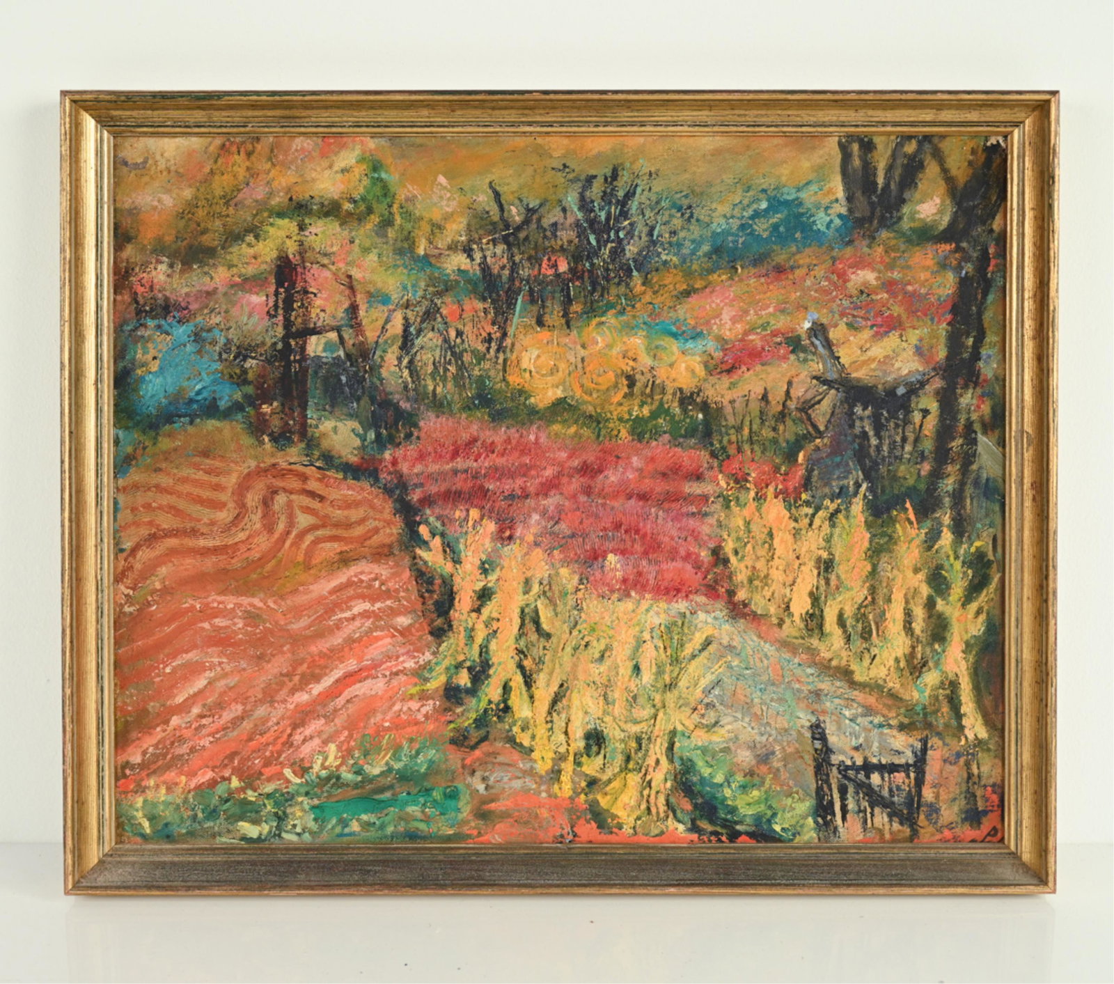 MARJORIE P. WALKER, NY (1907-2005) O/B ABSTRACT: Appears to be unsigned. Dimensions: (Frame) H 17.25" x W 21.25" Condition: Frame with rubbing.