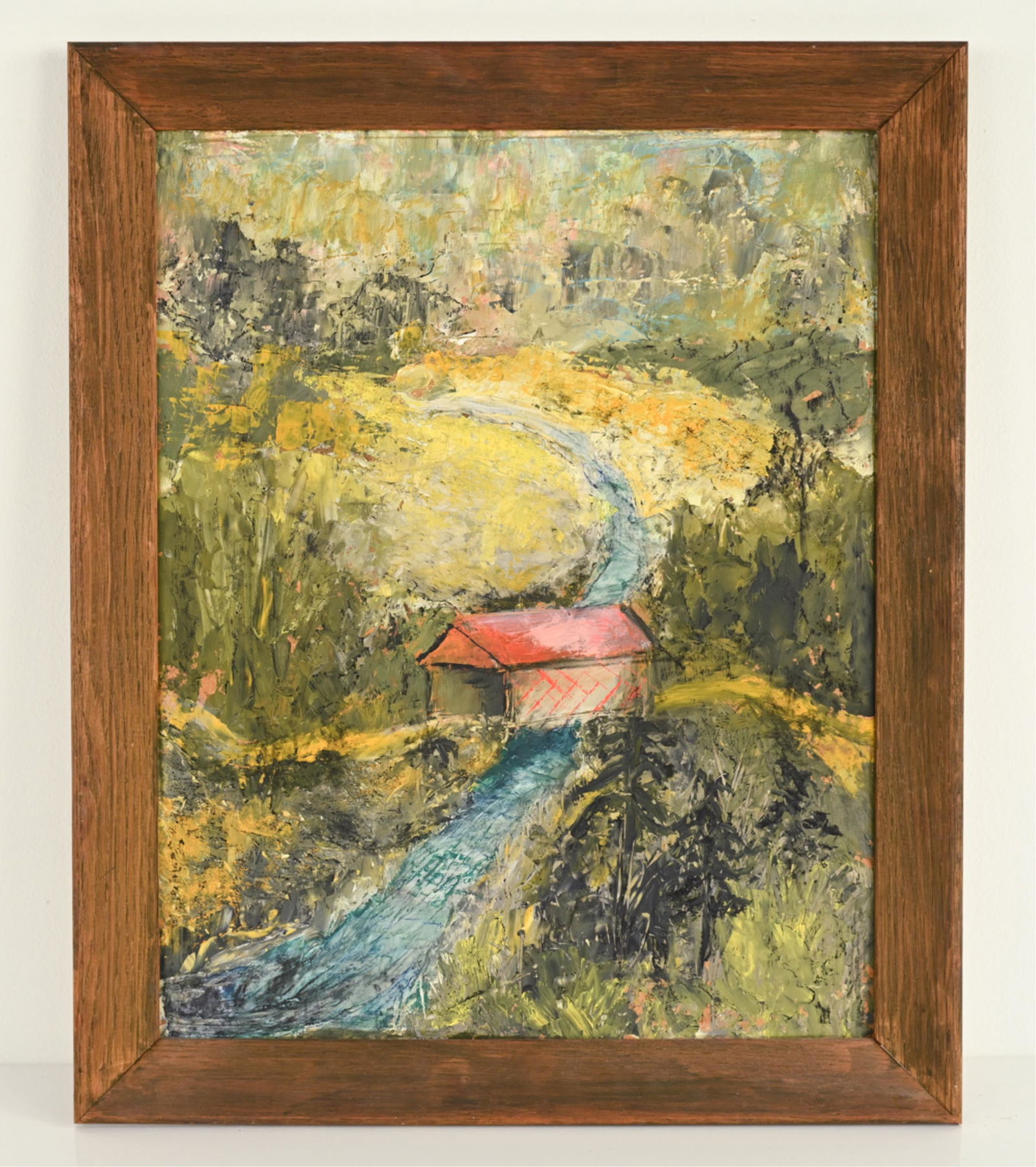 MARJORIE P. WALKER, NY (1907-2005) O/B ABSTRACT: Apparently unsigned. Oil on masonite. Masonite stamped "pwd." verso. Dimensions: (Frame) H 23" x W 19" (Painting) H 20" x W 16" Condition: A few scuffs and small chips to pait edges. Some surface dirt