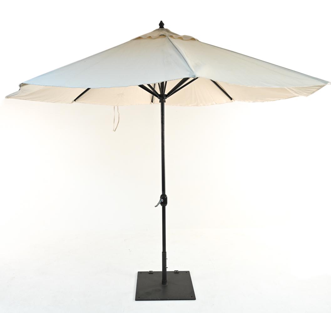 FREESTANDING OUTDOOR PATIO UMBRELLA: Heavy plate steel provides a stable base for the umbrella. Treasure Garden from Patio.com Dimensions: (open) H 145" x W 130" x D 130" Condition: Opens and closes as it should. Mild wear and soiling to