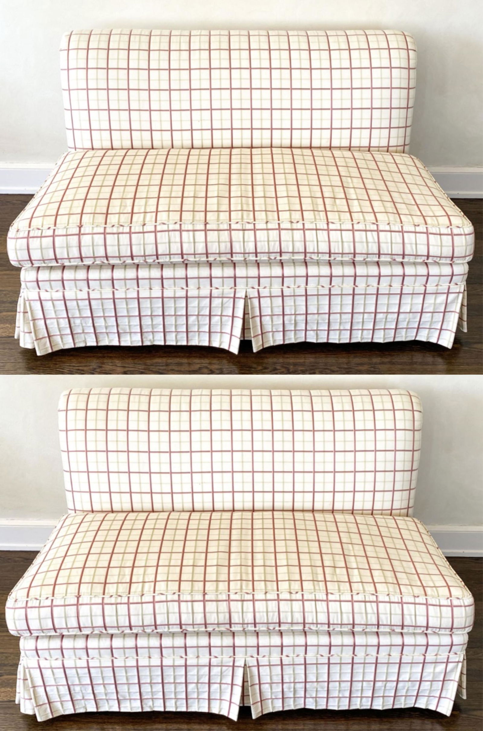 PAIR OF BANQUETTE LOVESEATS: Checkered upholstery. No labels. Dimensions: H 31.5" x W 52.75" x D 32" x SH 17" Condition: Soiling to upholstery; needs reupholstery. Wear consistent with use. Provenance: Purchased from Southport De