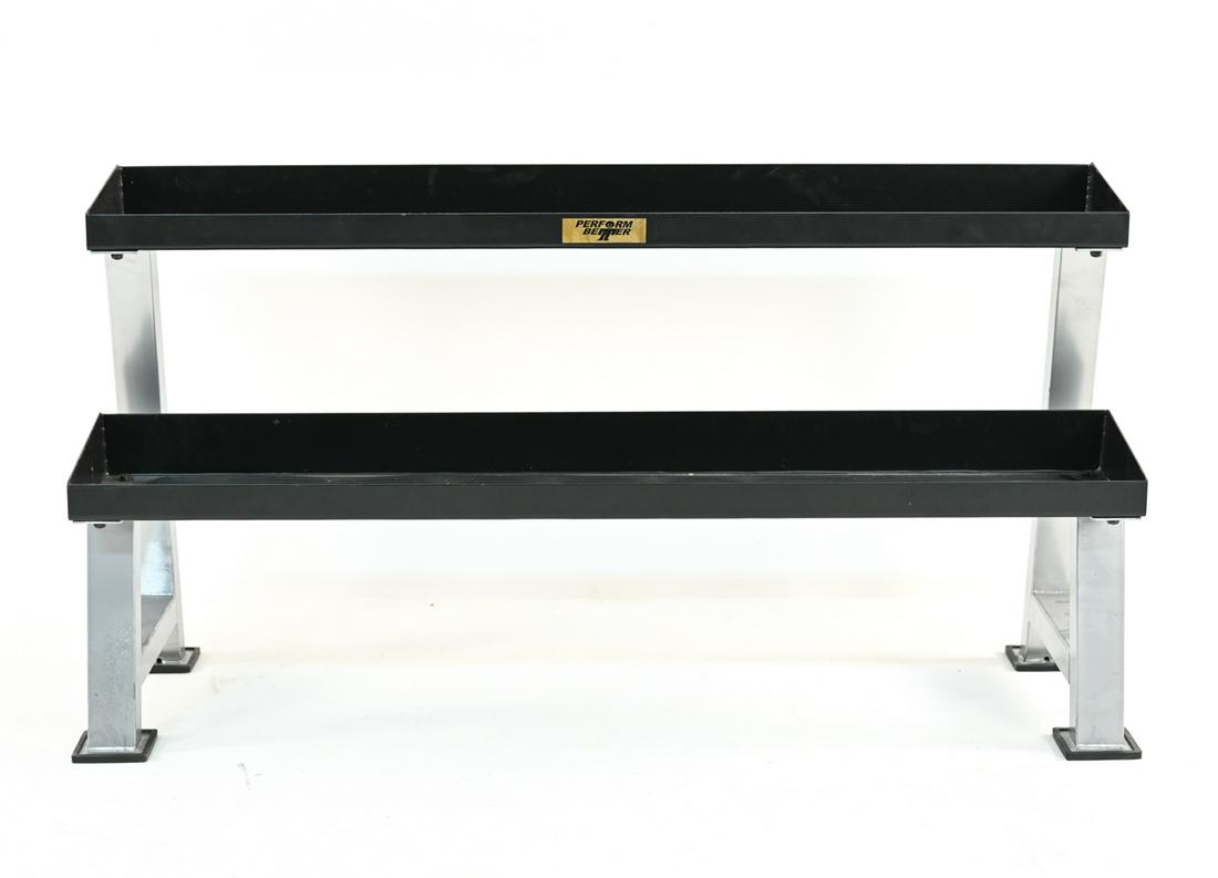 PERFROM BETTER TWO-TIER WEIGHT RACK: Dimensions: H 32.25" x W 61" x D 20.25" Condition: Wear consistent with age and use.