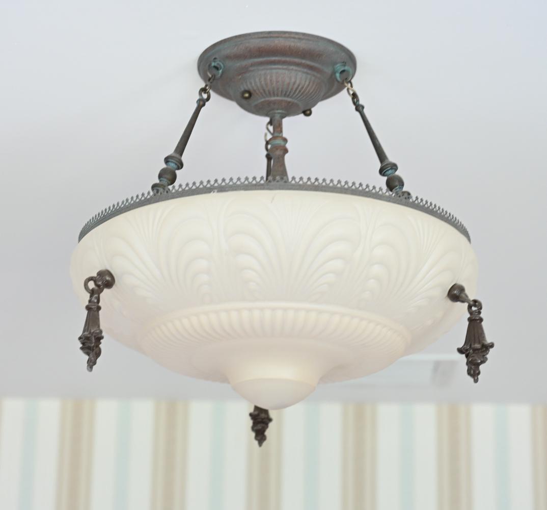 C. 1930'S STYLE INVERTED DOME PENDANT LIGHT: Dimensions: H (to ceiling) 13" x Dia. 14" Condition: Wiring functional. Natural patina to metal; light wear consistent with age.