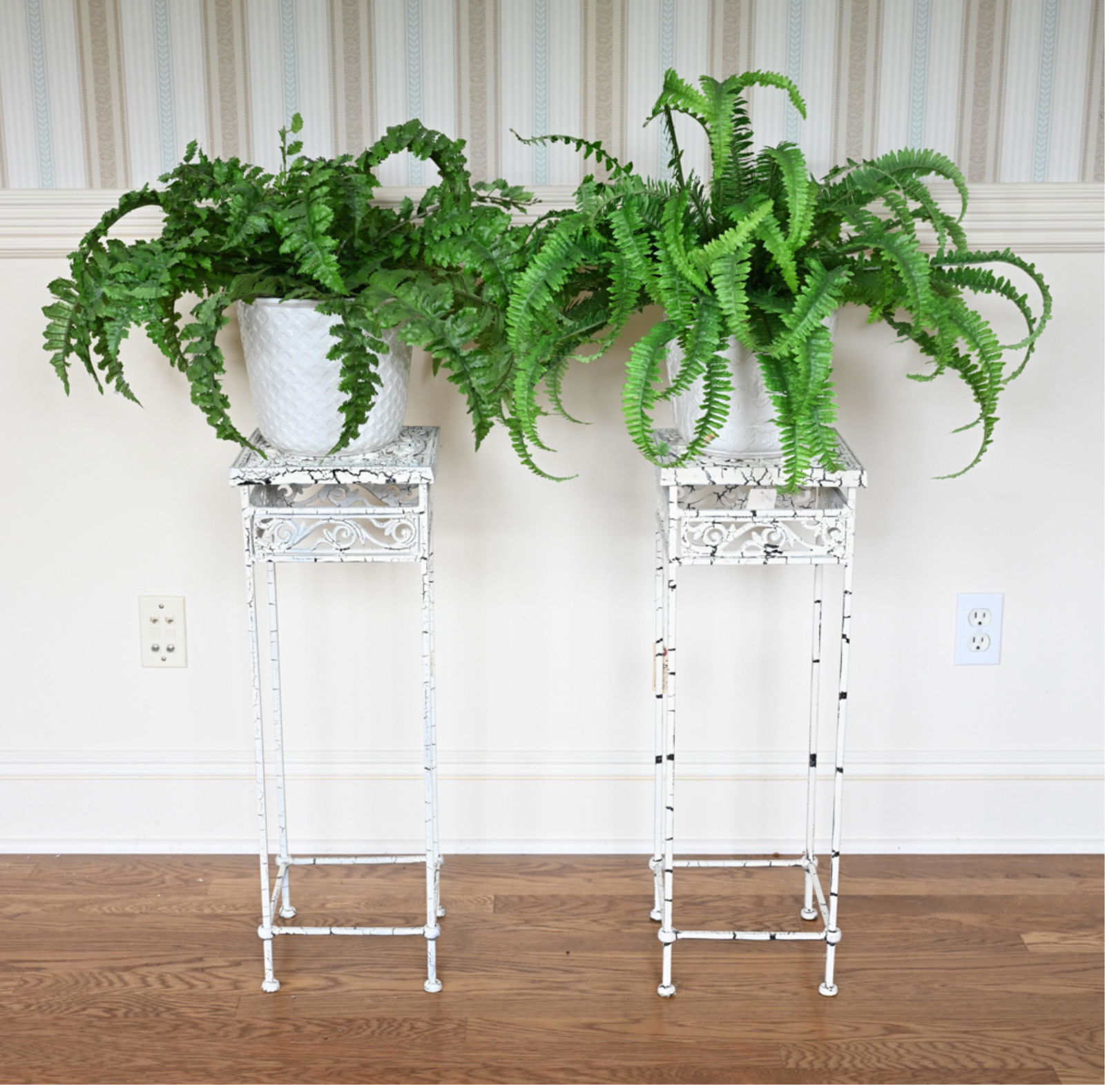 PAIR OF PAINTED IRON PLANT STANDS W/ FAUX FERNS (1 of 8)