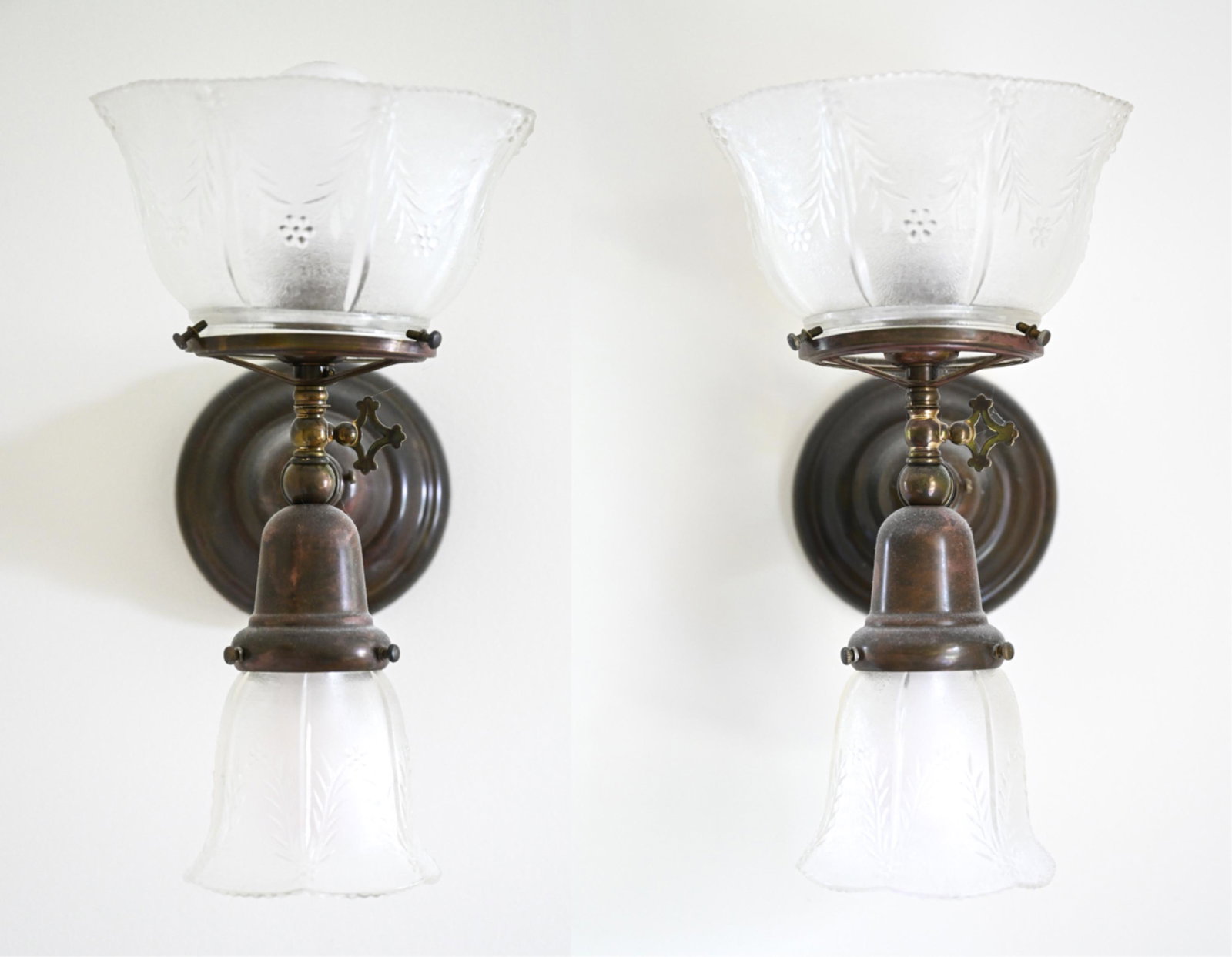 PAIR OF SCONCES: Dimensions: (With shades) H 14" x W 8" x D 10" Condition: Wiring functional. Patina; light wear consistent with age and use.