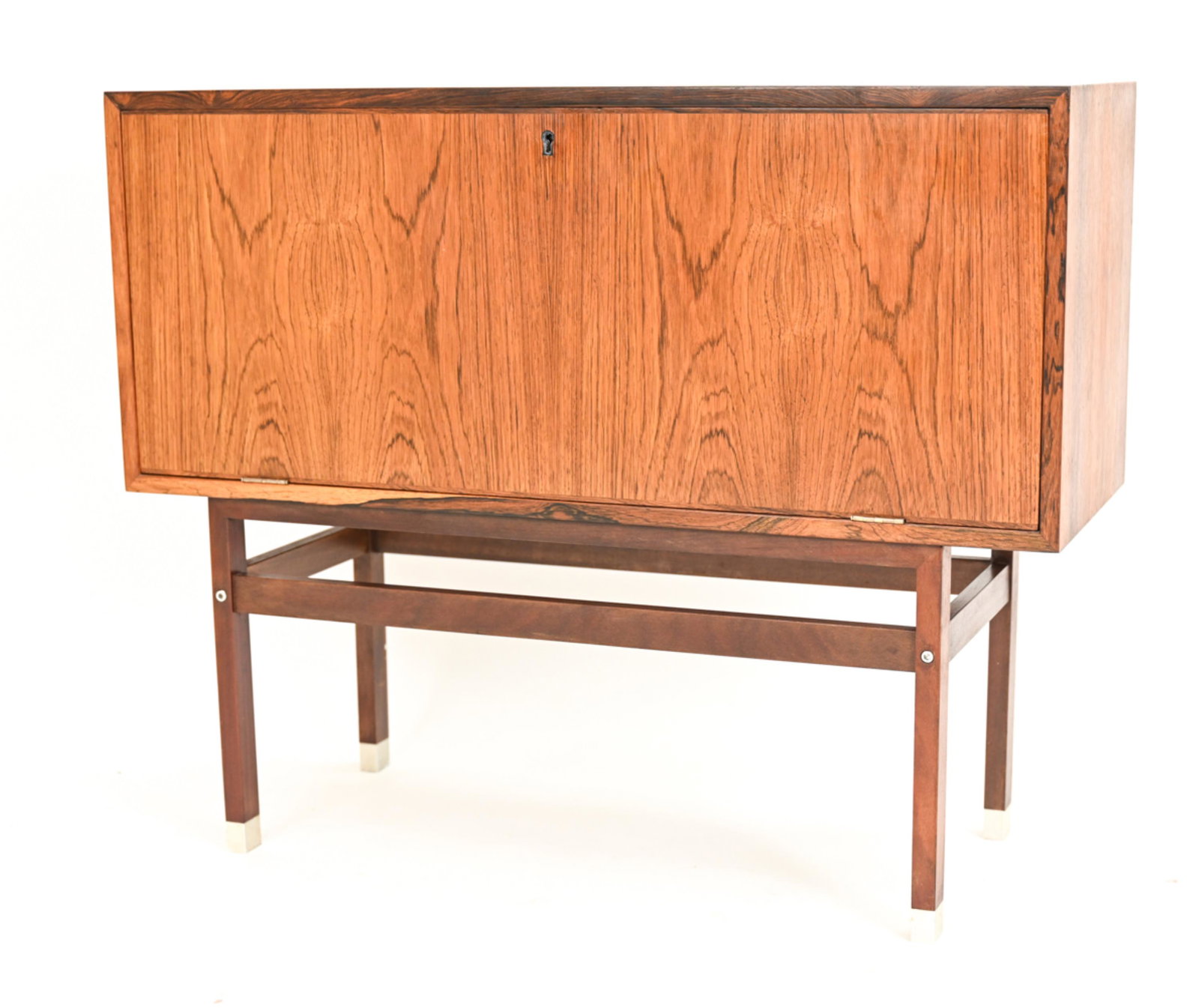 DANISH ROSEWOOD KAI KRISTIANSEN STYLE SIDEBOARD: Petite Kai Kristiansen-style drop front cabinet with fitted interior. Key included. Dimensions: H 27.75" x W 33.25" x D 12.5" Condition: Lock mechanism not functioning; in need of adjustment. Few mark