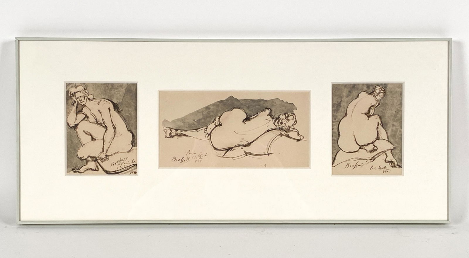 (3) GYULA HALASZ BRASSAI, HUNGARIAN (1899-1984): (3) ink and wash drawings in one frame. All signed, inscribed Paris, September 1944. Dimensions: (Frame) H 12" x W 28", (Center sight) H 5" x W 8.75" Condition: All with slight age toning. Slight fadi