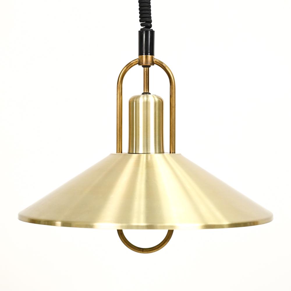JO HAMMERBORG FOR FOG & MORUP BRASS PENDANT LIGHT: Danish mid-century brass pendant light designed by Jo Hammerborg for Fog & Morup. No labels. Dimensions: H 16" x Dia. 16" Condition: May need rewiring. Scratches to top. Rubs to edges.