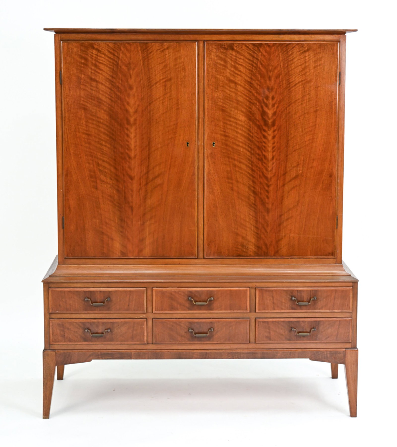 DANISH 1950'S NUT WOOD CABINET: Including key. Two-part construction. Dimensions: H 55" x W 42.75" x D 18.25" Condition: Some peeling and losses to veneer. Wear consistent with age and use. S065