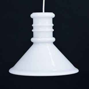 SIDSE WERNER FOR HOLMEGAARD "APOTEKER" PENDANT: Danish mid-century model "Apoteker" white cased glass pendant light designed by Sidse Werner for Holmegaard / Royal Copenhagen. No labels. c. 1980's. Dimensions: H 8.25" x Dia. 9.5" Condition: Not