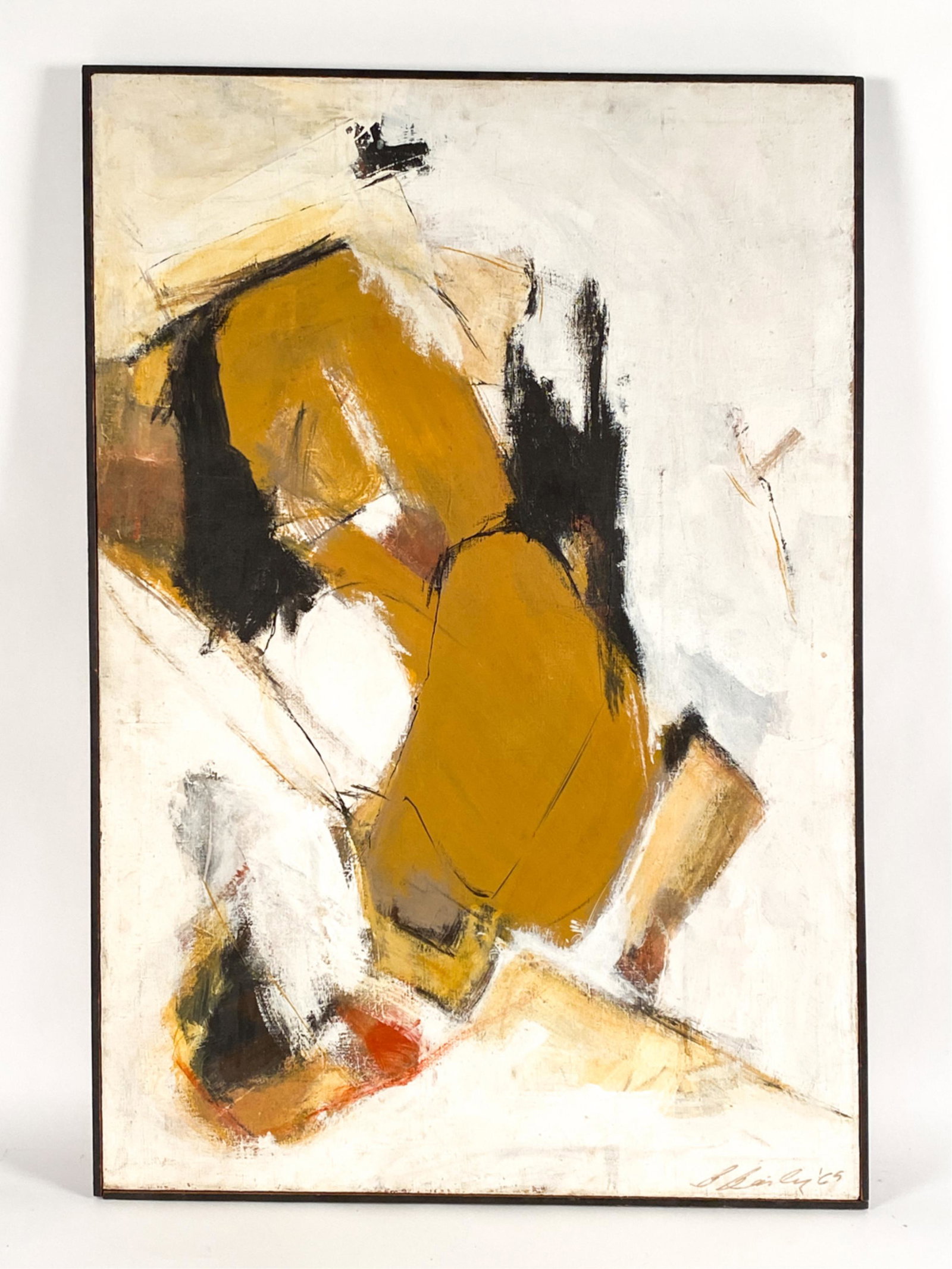 MID-CENTURY ABSTRACTED NUDE O/C: Indistinctly signed, dated '65. Dimensions: (Frame) H 44.75" x W 31" (Canvas) H 44" x W 30" Condition: Surface with soiling.