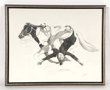 ELLEN LANYON, NEW YORK (1926-2013) DRAWING: Signed and dated lower right. Gallery label verso giving title as "Trick Ride." 1967. Dimensions: (Frame) H 25.25" x W 31.25" (Sight) H 22.75" x W 28.5" Condition: Paper clean, wavy in frame.