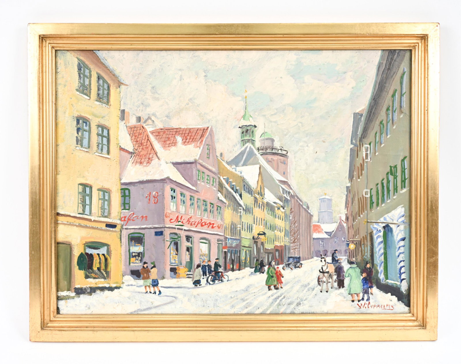 DANISH TOWN SNOW SCENE O/C: Street scene with people. Signed lower right. Dimensions: (Frame) H 23" x W 29.5", (Canvas) H 20" x W 26.25" Condition: Slightly dirty surface. Rubbing to frame.