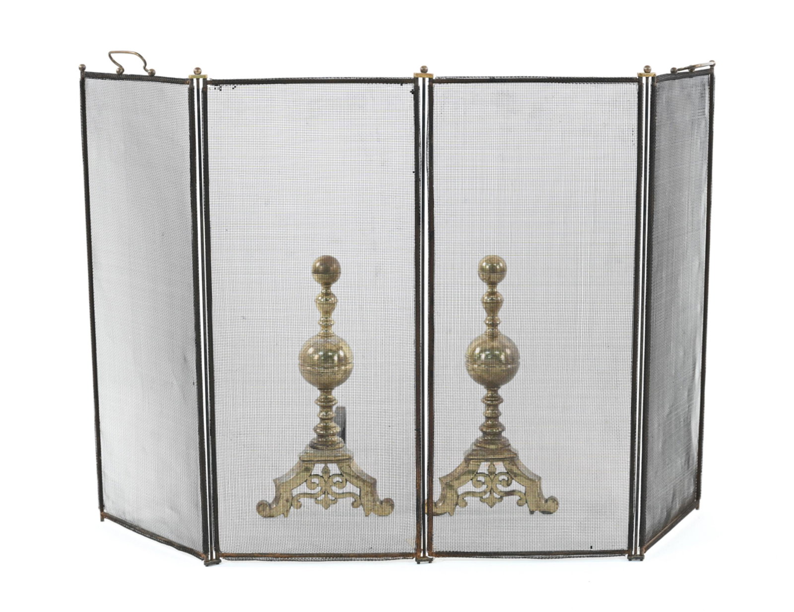 PAIR OF BRASS ANDIRONS & FIREPLACE SCREEN (1 of 10)