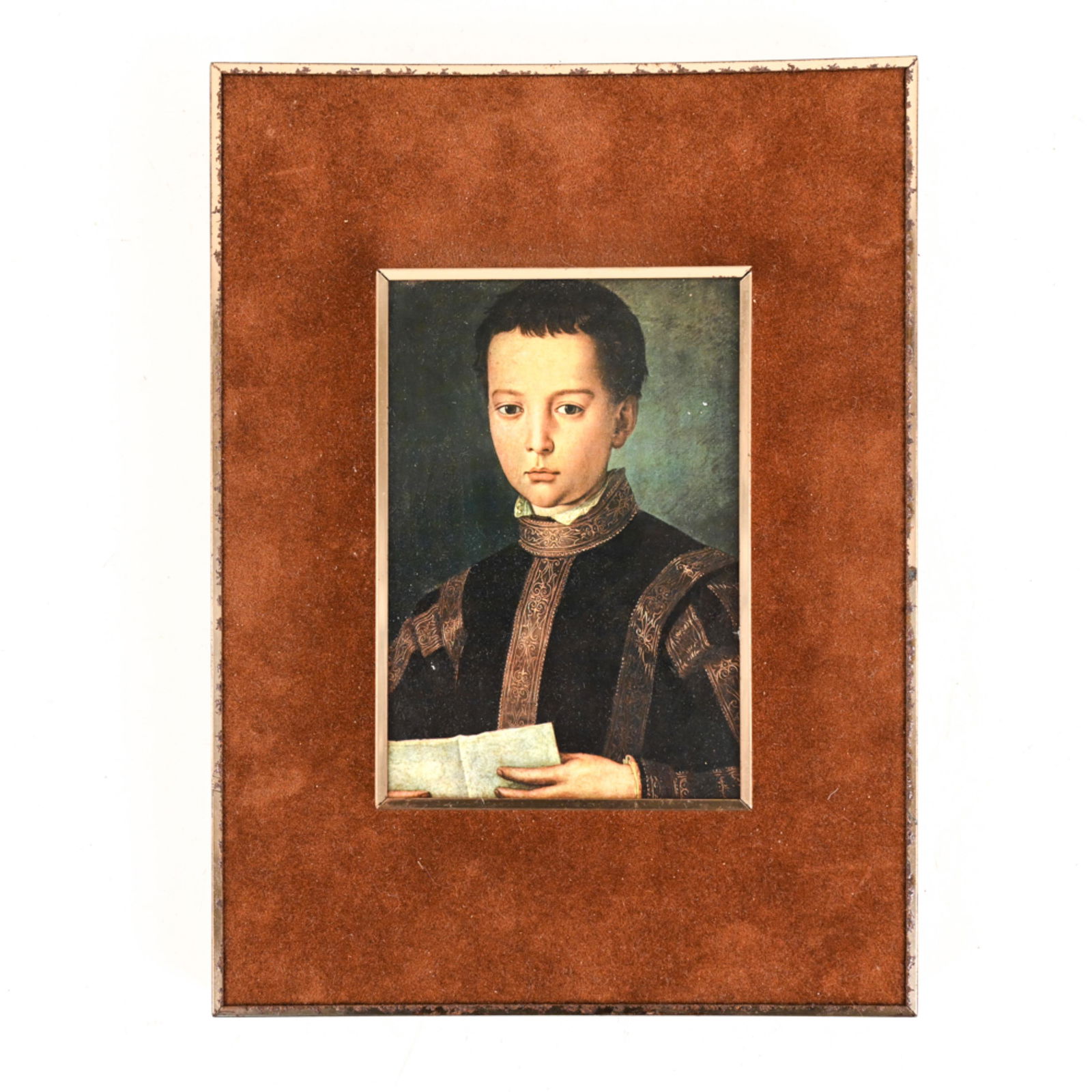PORTRAIT PRINT AFTER AGNOLO BRONZINO: Uffizi Gallery store label verso. Dimensions: (Frame) H 10.5" x W 8"; (Image) H 5.75" x W 4" Condition: Some crazing to varnish on print surface, spots of light discoloration to velvet liner; finish l