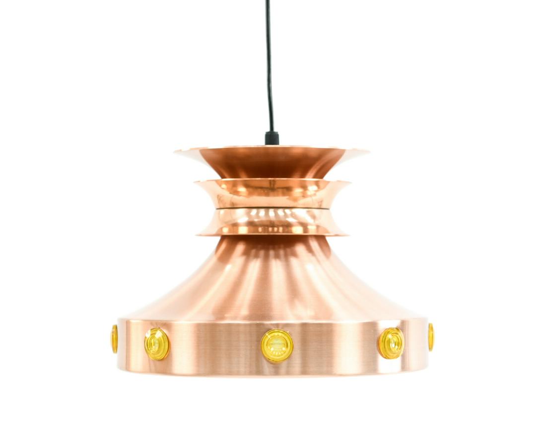 MANNER OF CARL THORE MID-CENTURY PENDANT LIGHT: Space Age pendant light in copper-finished metal with acrylic "jewels"; in the manner of Carl Thore for Granhaga Metallindustri. Apparently unsigned. Dimensions: H 8" x D 11.25" Condition: Wiring not