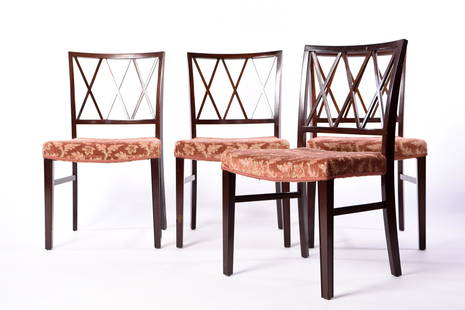 (4) OLE WANSCHER MAHOGANY DINING CHAIRS: For A.J. Iversen. Dimensions: H 33" x W 18.75" x D 17" x SH 18" Condition: Scratches and scuffs to wood. Few small nicks and dings. Wear consistent with age and use. Upholstery with some sun fading;