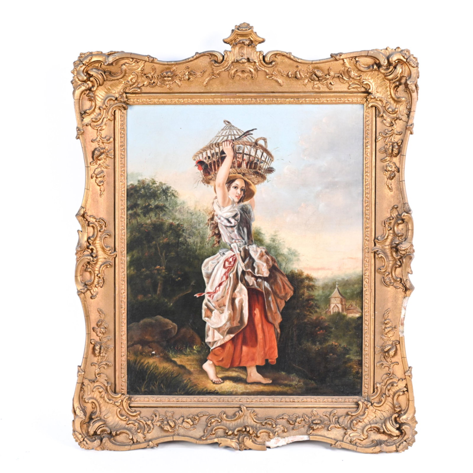 19TH CENTURY O/C, GIRL GOING TO MARKET: Apparently unsigned, depicting a young woman taking a basket of chickens to market. In a swept 19th century frame. Dimensions: H 38" x W 30.5" (Painting) 27" x W 22" Condition: Painting with old linin