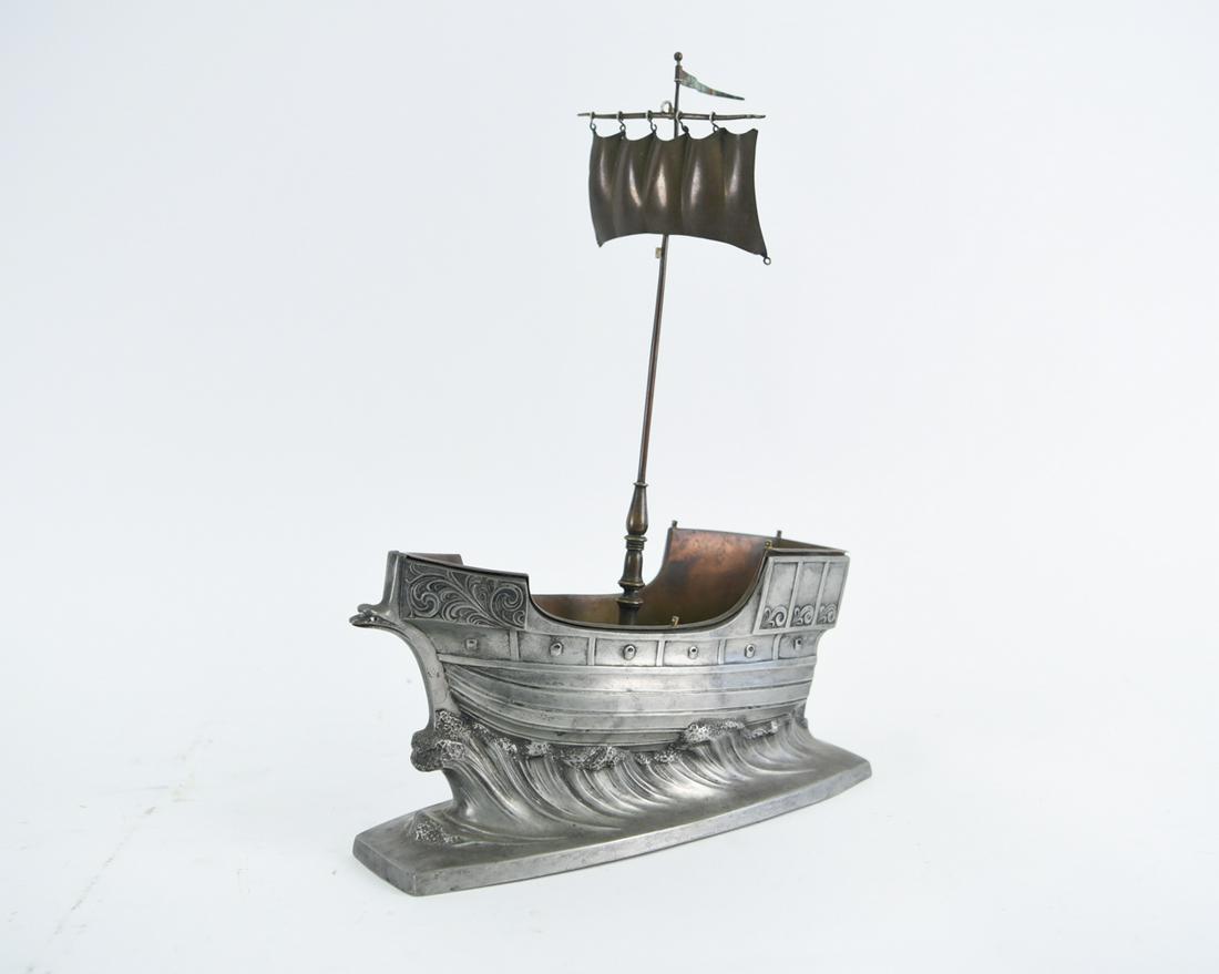PEWTER SHIP SCULPTURE CENTERPIECE: Dimensions: H 15.75" x W 12" x D 4.5" Condition: pieces discontected, needs repair, May be incomplete. As is.