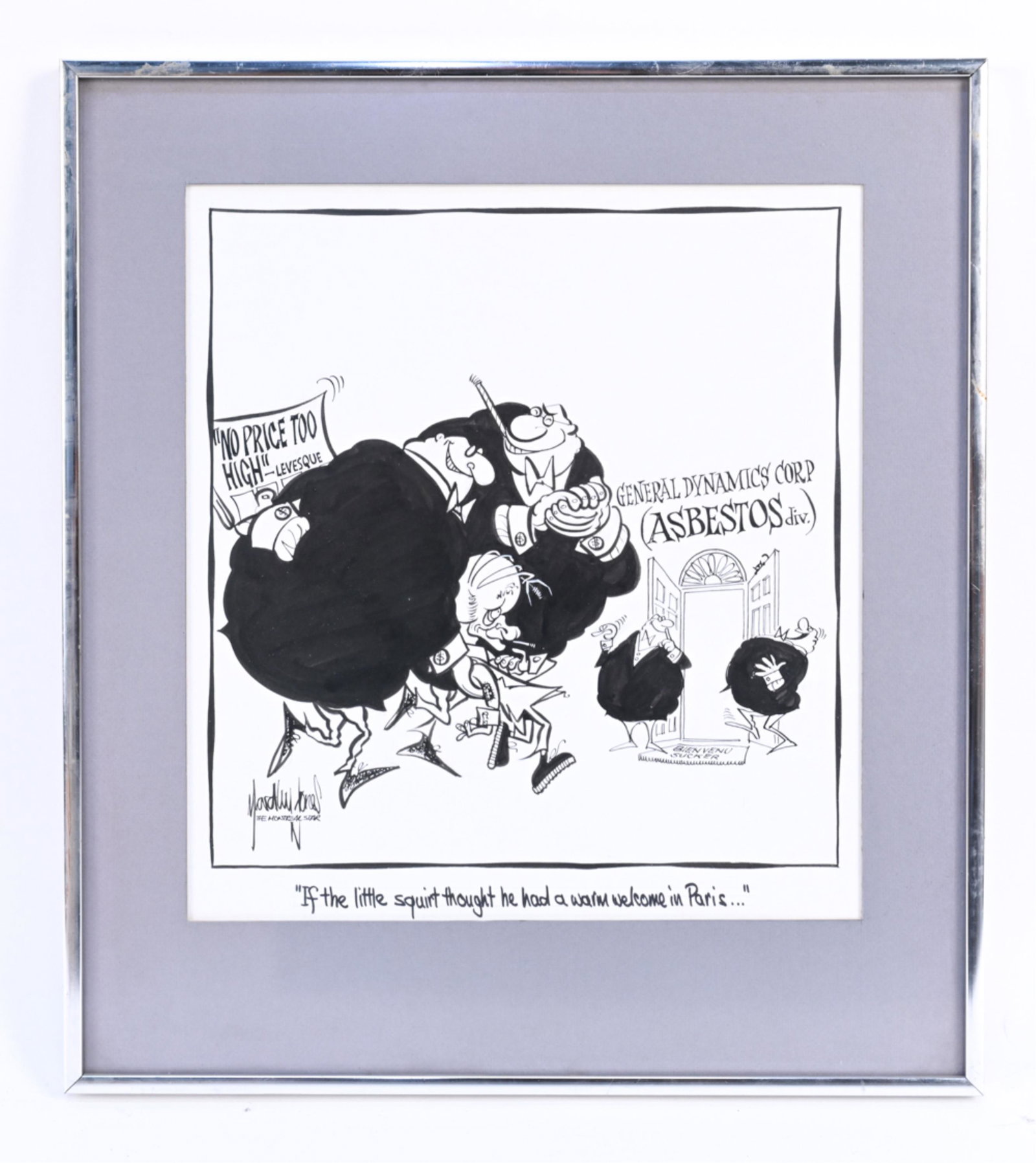 JOHN YARDLEY JONES ORIGINAL POLITICAL CARTOON: Original cartoon for the Montreal Star; marker and pencil on paper, signed lower left. Dimensions: (Frame) H 18.25" x W 16.5" (Sight) H 13" x W 12" Condition: Not examined out of frame. Paper clean; f