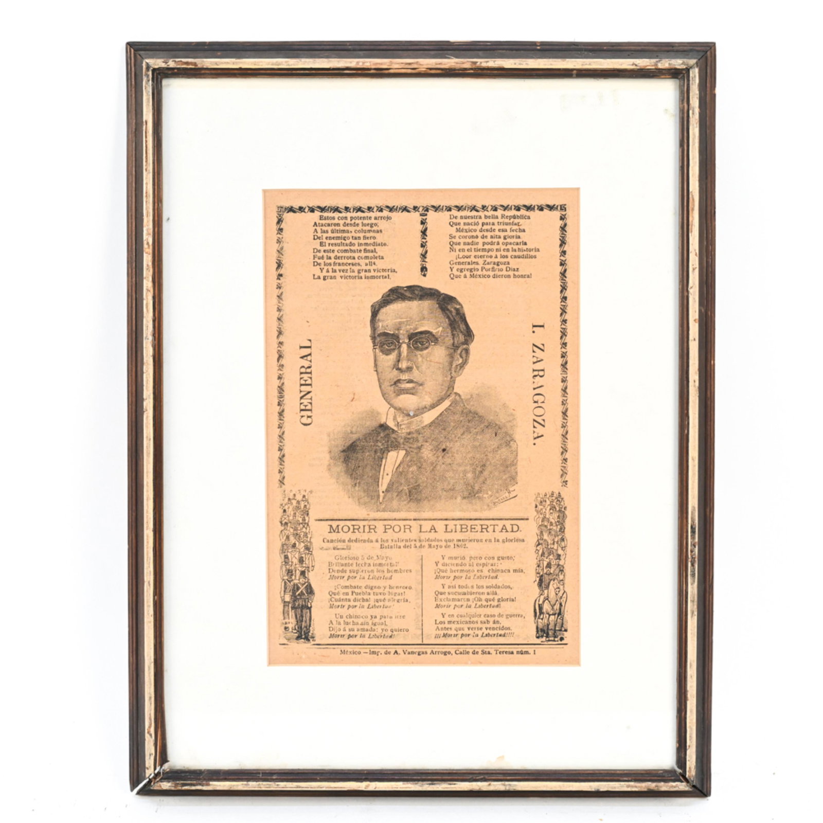 JOSE GUADALUPE POSADA ENGRAVING: Dimensions: (Frame) H 17" x W 13", (Sight) H 19.75" x W 7" Condition: Age toned, back glass cracked. Lower left corner of frame joint separation