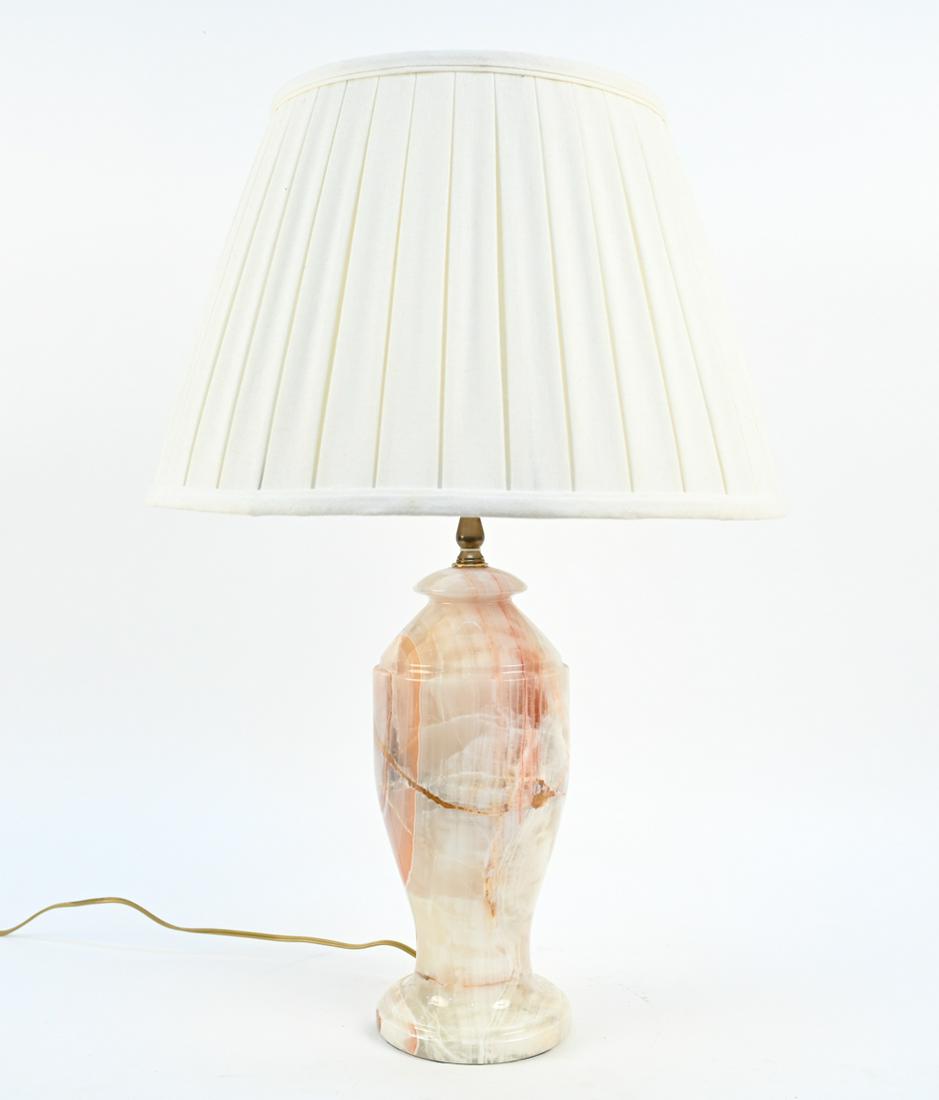 ONYX MARBLE TABLE LAMP: Dimensions: H 24.5" x Shade Dia. 18" Condition: Functional. With replacement shade and harp.