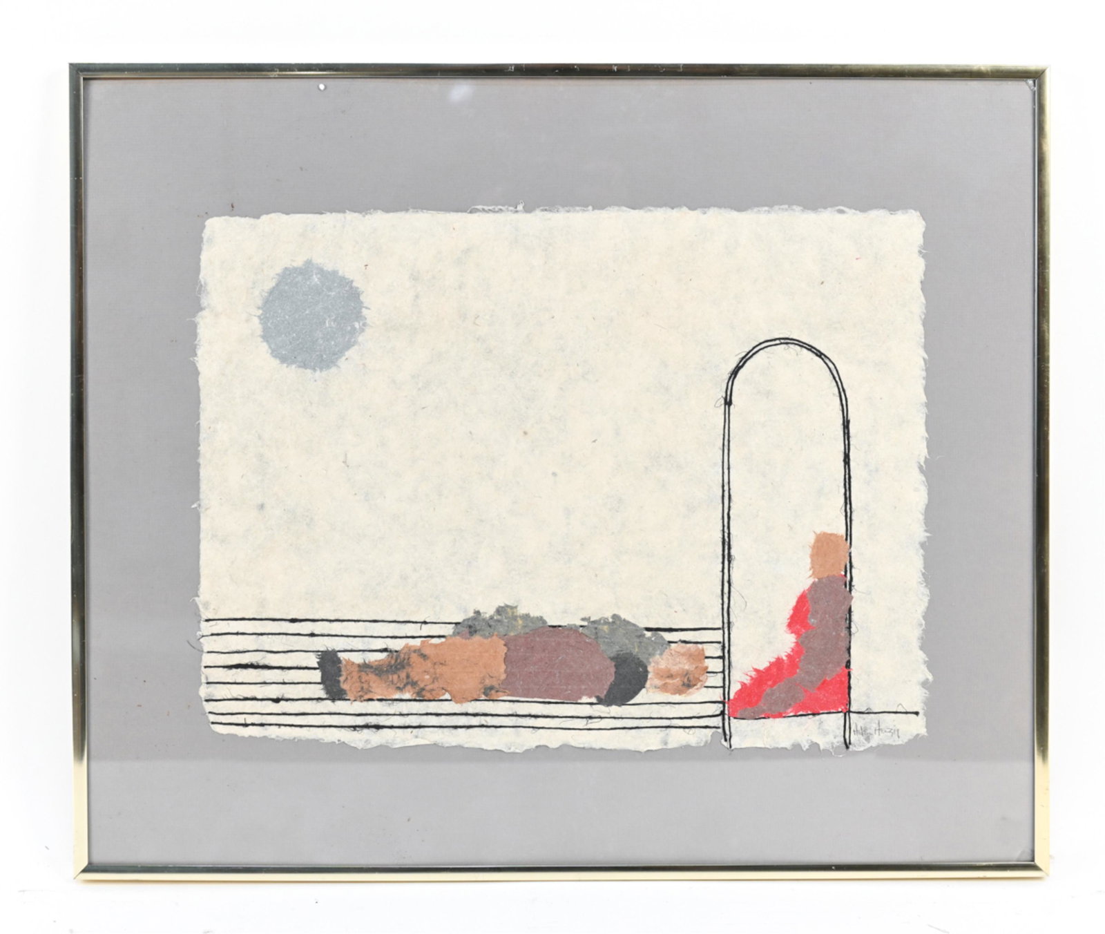 HELEN HERZIG MIXED MEDIA COLLAGE: Signed to lower right. Titled "They Sleep on Grates" to back. Dimensions: (Frame) H 20.5" x W 24.5", (Sight) H 13.5" x W 18" Condition: Chip to glass right corners.