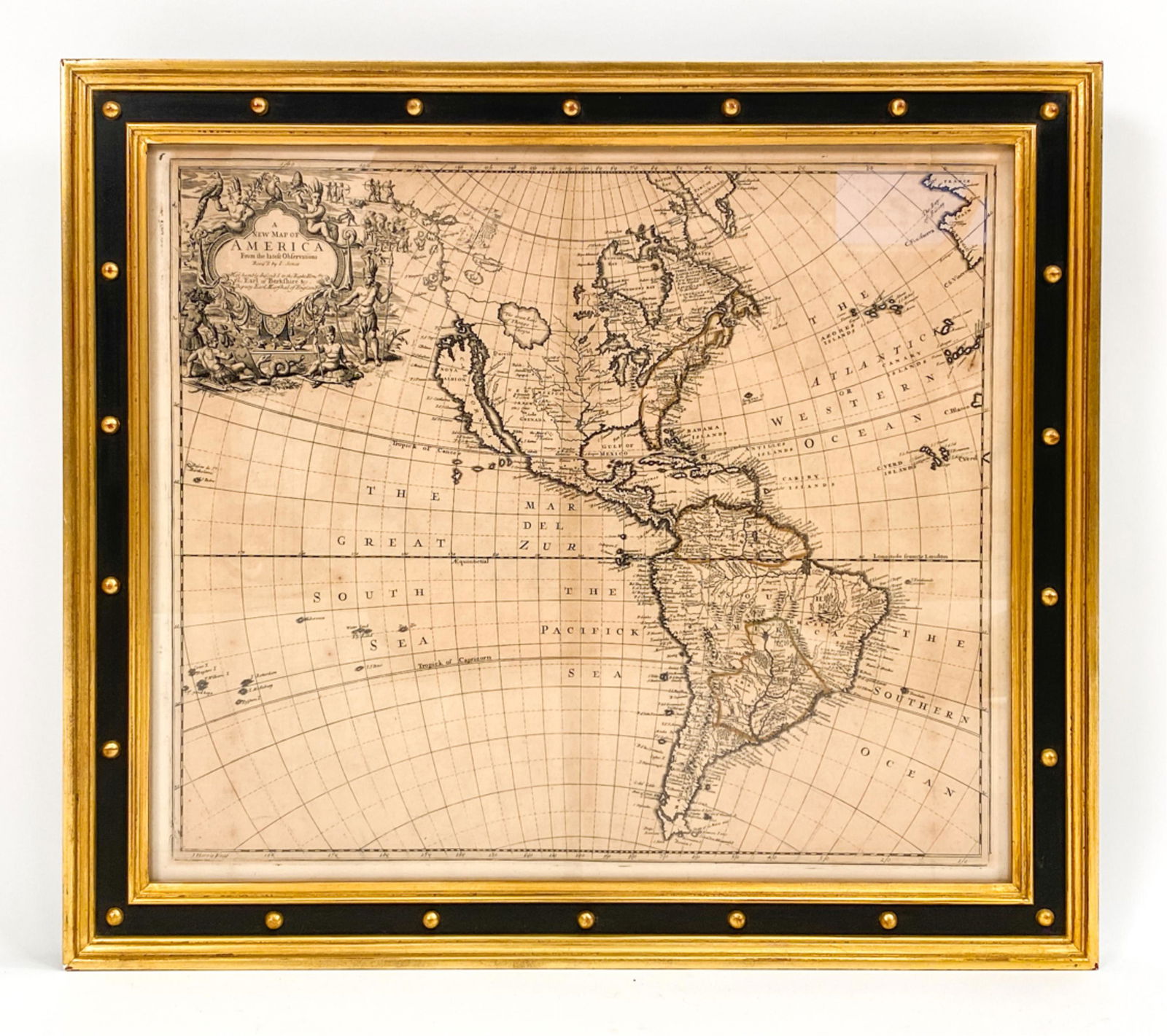 JOHN SENEX CALIFORNIA AS ISLAND 1720 ENGRAVED MAP: Original engraved map of North and South America featuring California depicted as an island. Dimensions: (Frame) H 24.25" x W 27.75" (Sight) H 20" x W 23.25" Condition: Paper with center fold as issue