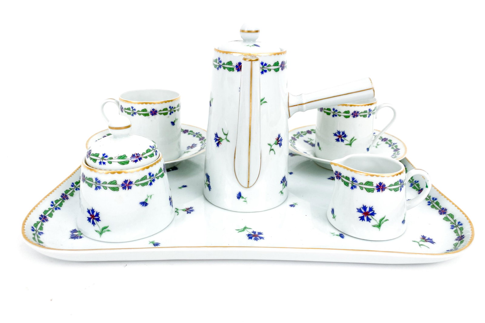 TIFFANY LIMOGES VILLANDRY DEMITASSE SERVICE: Includes teapot, sugar, (2) saucers, (3) teacups and tray. Dimensions: (Tray) H 8.75" x W 12" Condition: A few possible spots of rubbing to the gilt edges.