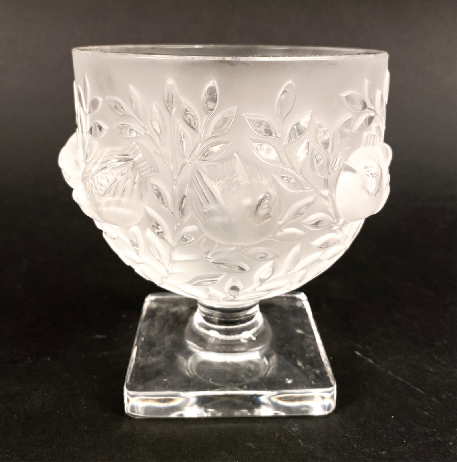 LALIQUE FROSTED GLASS COMPOTE: Signed underneath. Dimensions: H 5" x Dia. 5.5" Condition: Light use wear.