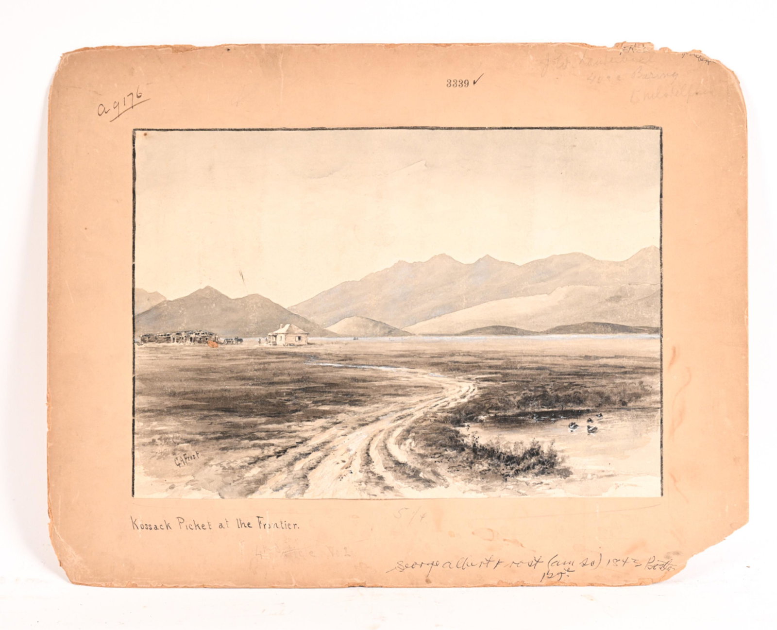 GEORGE ALBERT FROST, AMERICAN (1843-1907): Signed G.A. Frost lower left. Titled "Kossack Picket at the Frontier" to mat lower left. Watercolor landscape in grisaille. Dimensions: (Mat) H 13.25" x W 18.25", (Paper) H 9.5" x W 13.5" Condition: F
