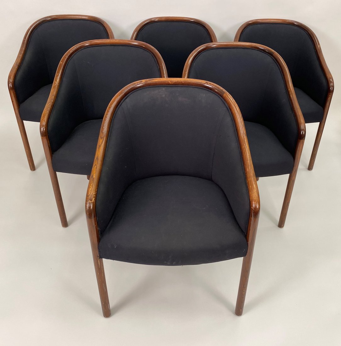 (6) WARD BENNETT FOR BRICKEL OAK "BANKER" CHAIRS: Set of (6) barrell-back "Banker" armchairs with rare oak frames and ribbed cotton-silk upholstery, designed by Ward Bennett for Brickel Associates c. 1970's. Dimensions: H 32.5" x W 23" x D 24" x SH 1