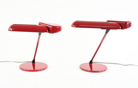 PAIR BRUNO GECCHELIN FOR ARTELUCE RING A 400 LAMPS: Rare pare of postmodern "Ring A 400" desk or table lamps in red lacquered metal, designed by Bruno Gecchelin for Arteluce c. 1979. With segmented swiveling heads and shades. Dimensions: H 15" x W 14"