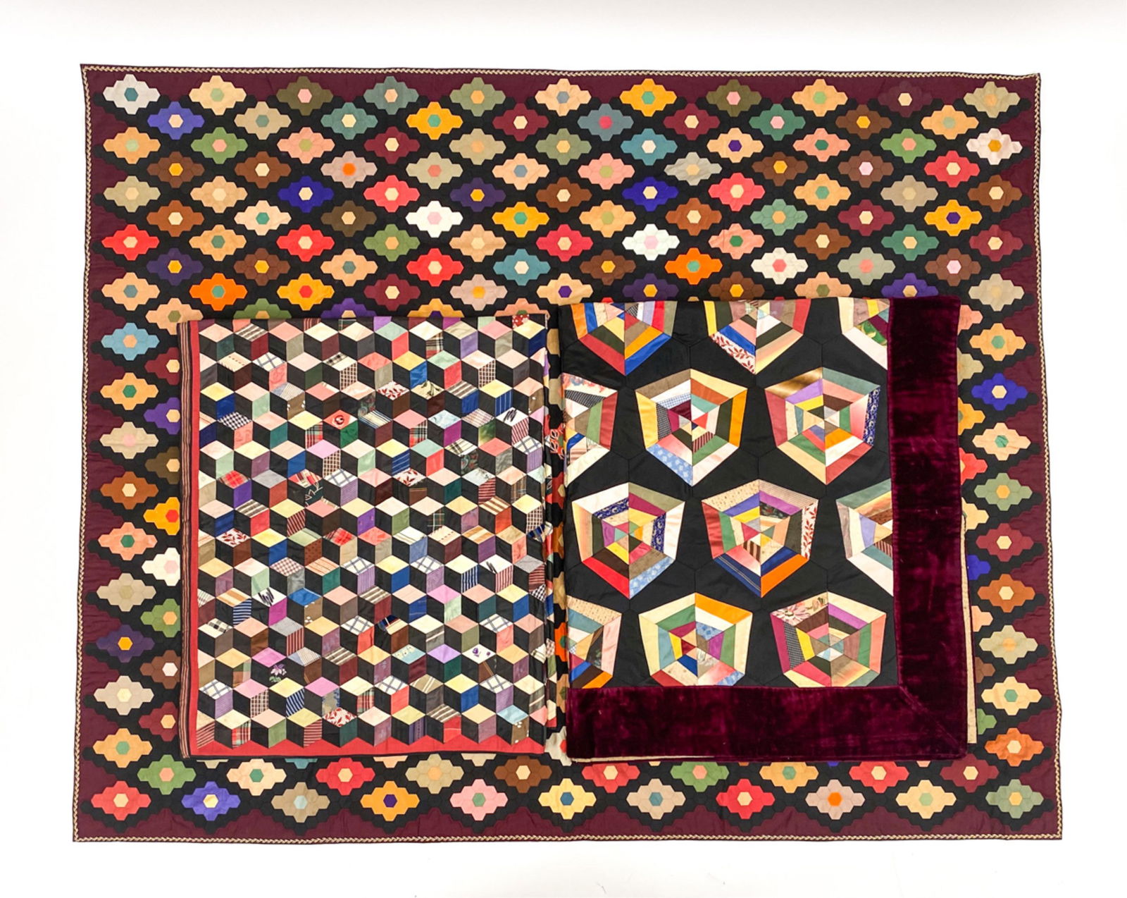 (3) PSYCHEDELIC VINTAGE SILK PATCHWORK QUILTS (1 of 15)