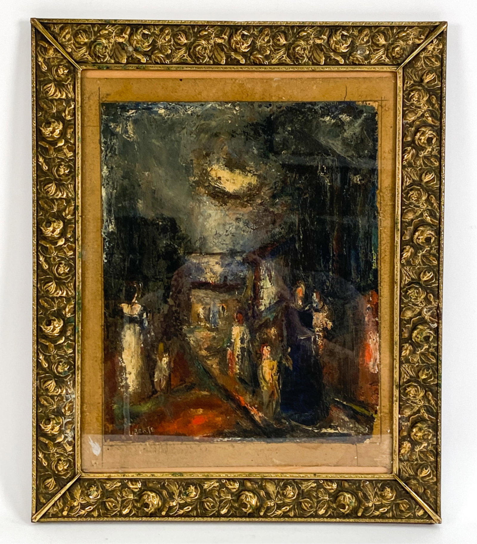JEAN LIBERTE, NY/ITALY (1896-1965) O/C: Oil on canvas of a procession. Signed lower left. Canvas laid down on board. In an Art Nouveau brass photograph frame. Dimensions: (Frame) H 16.75" x W 13.75", (Painting) H 11.5" x W 9.25" Condition: 