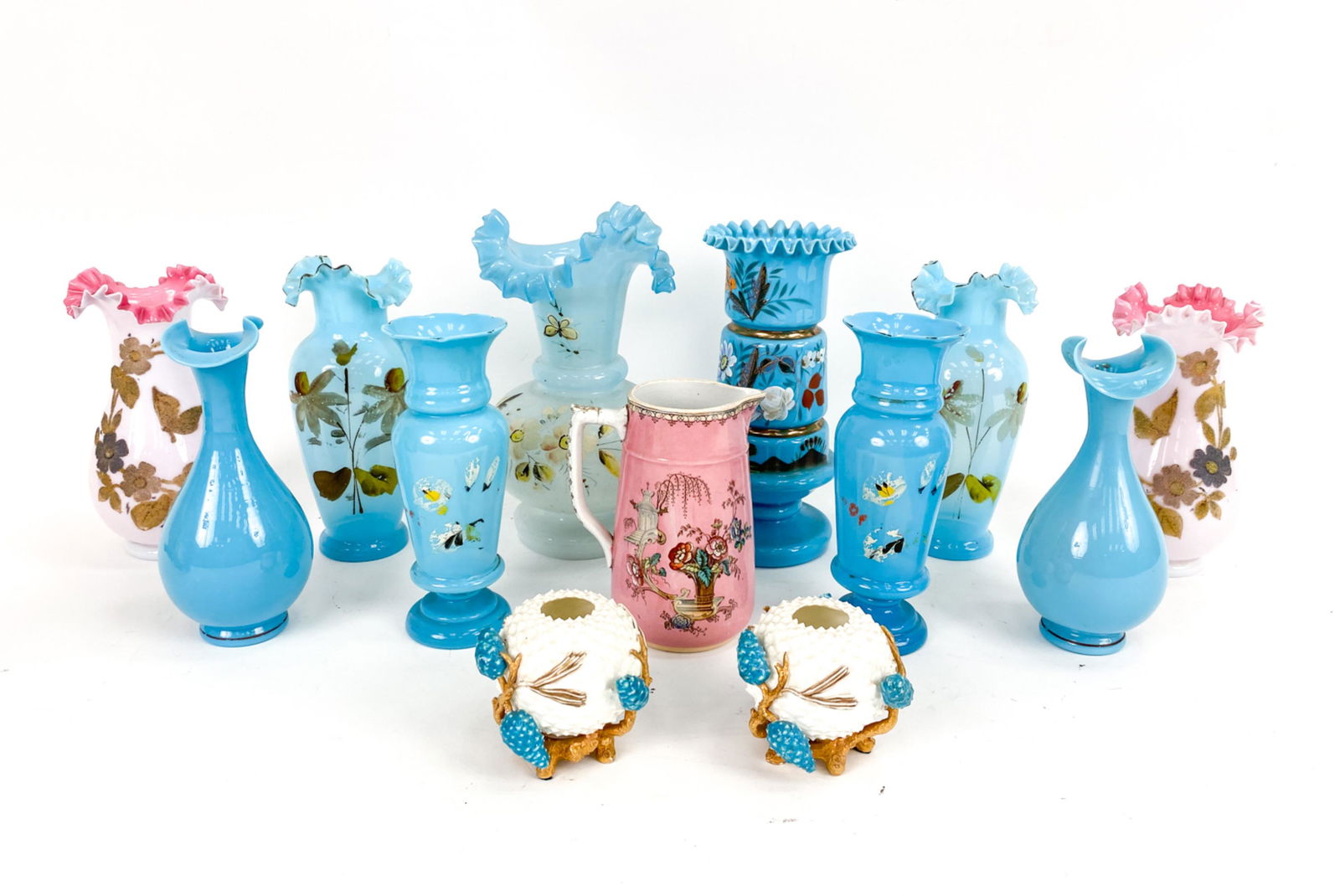 GROUPING OF OPALINE GLASS VASES ETC. (1 of 10)
