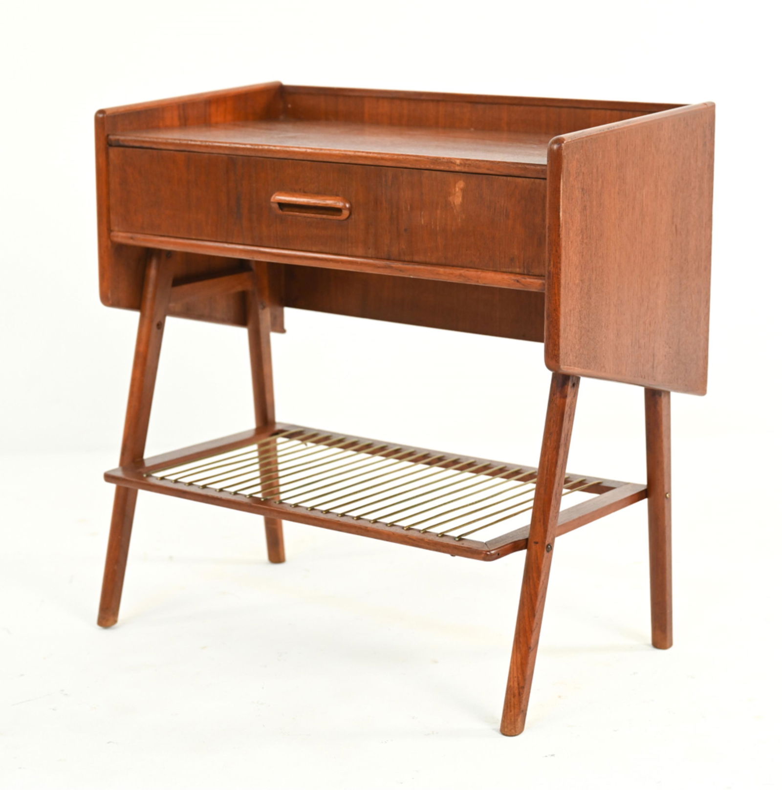 DANISH MID-CENTURY TEAK & VINYL CORD END TABLE: Nightstand or end table in teak with dovetailed drawer and vinyl cord lower shelf, apparently unmarked. Dimensions: H 24" x W 24.25" x D 12.5" Condition: A few nicks, dings, scuffs and rubs to finish,